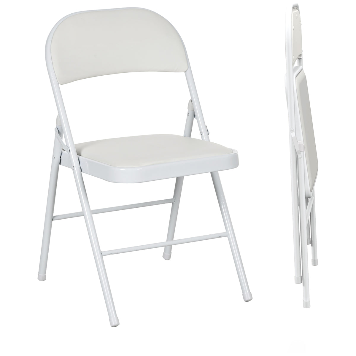 Set of 4 Metal Foldable Chairs, PU Leather Padded Folding Chairs with Cushion Seat and Open Back for Indoor, White