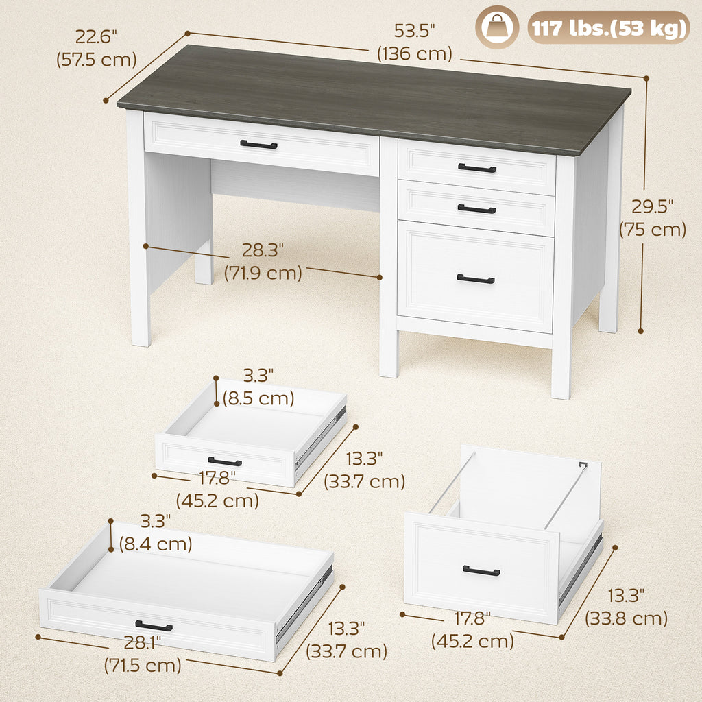 54" Farmhouse Executive Desk, Computer Desk with Drawers, Adjustable Hanging Rails for for A4/Letter Size Files, White