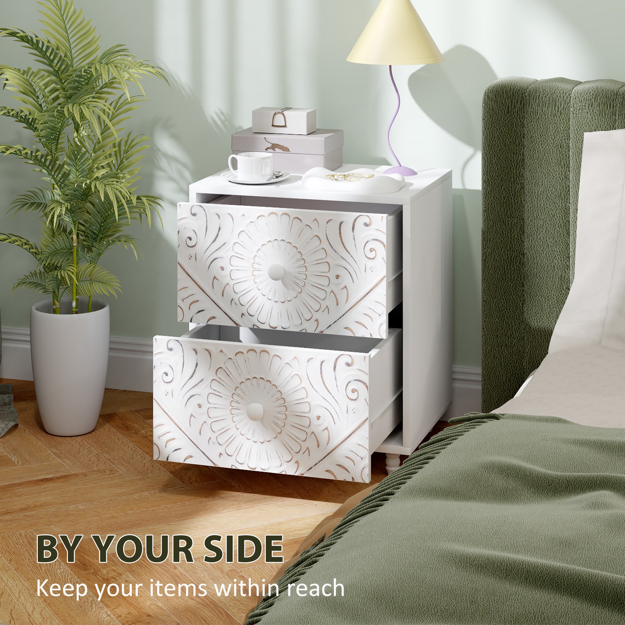 Mid-Century Bedside Table, Nightstand with 2 Drawers, Side End Table for Bedroom, White