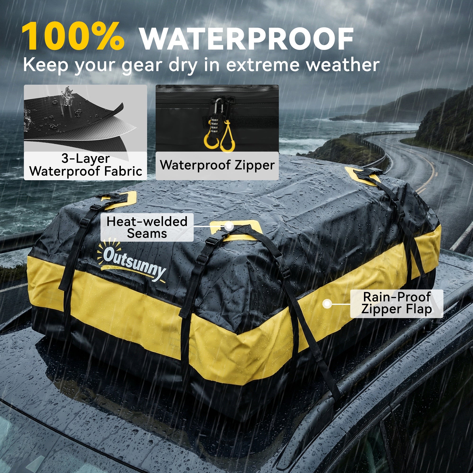 Rooftop Cargo Carrier, 15 Cubic Feet Waterproof Soft-Shell Car Roof Storage Bag with Door Hooks, Anti-Slip Mat