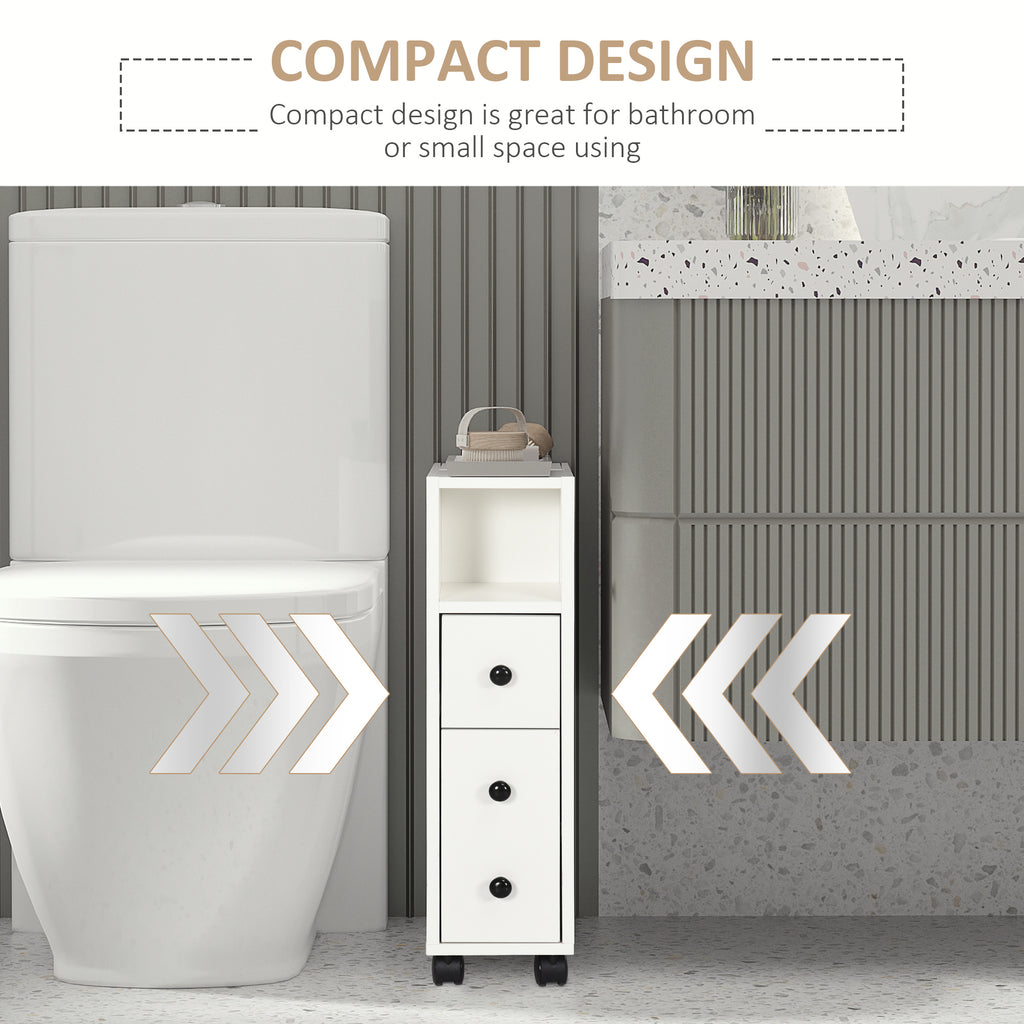 Slim Bathroom Cabinet with Wheels, Narrow Bathroom Storage Cabinet with Door, Drawer and 2 Open Compartments, White