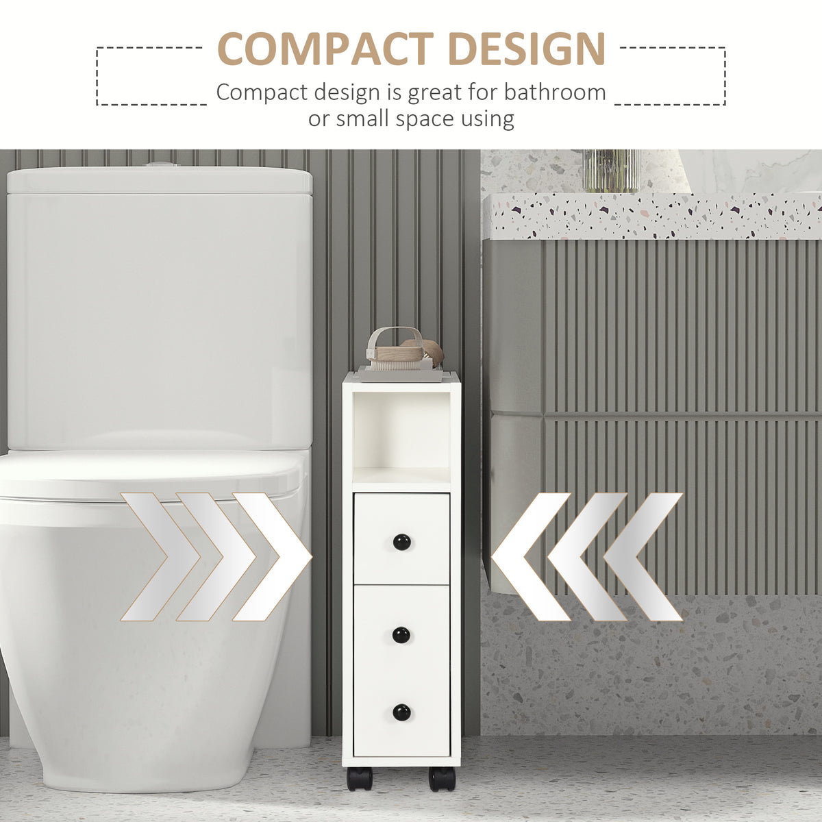 Slim Bathroom Cabinet with Wheels, Narrow Bathroom Storage Cabinet with Door, Drawer and 2 Open Compartments, White