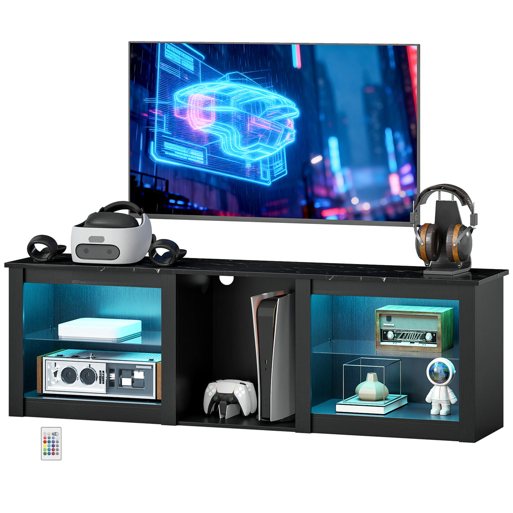 TV Stand with LED Lights, Modern Entertainment Center with Adjustable Glass Shelves, for TVs up to 70 Inch, Black