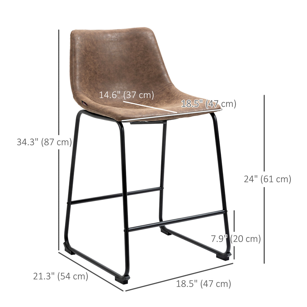 Counter Height Bar Stools Set of 2, Vintage PU Leather Bar Chairs, Kitchen Stools w/ Footrest for Home Bar, Brown