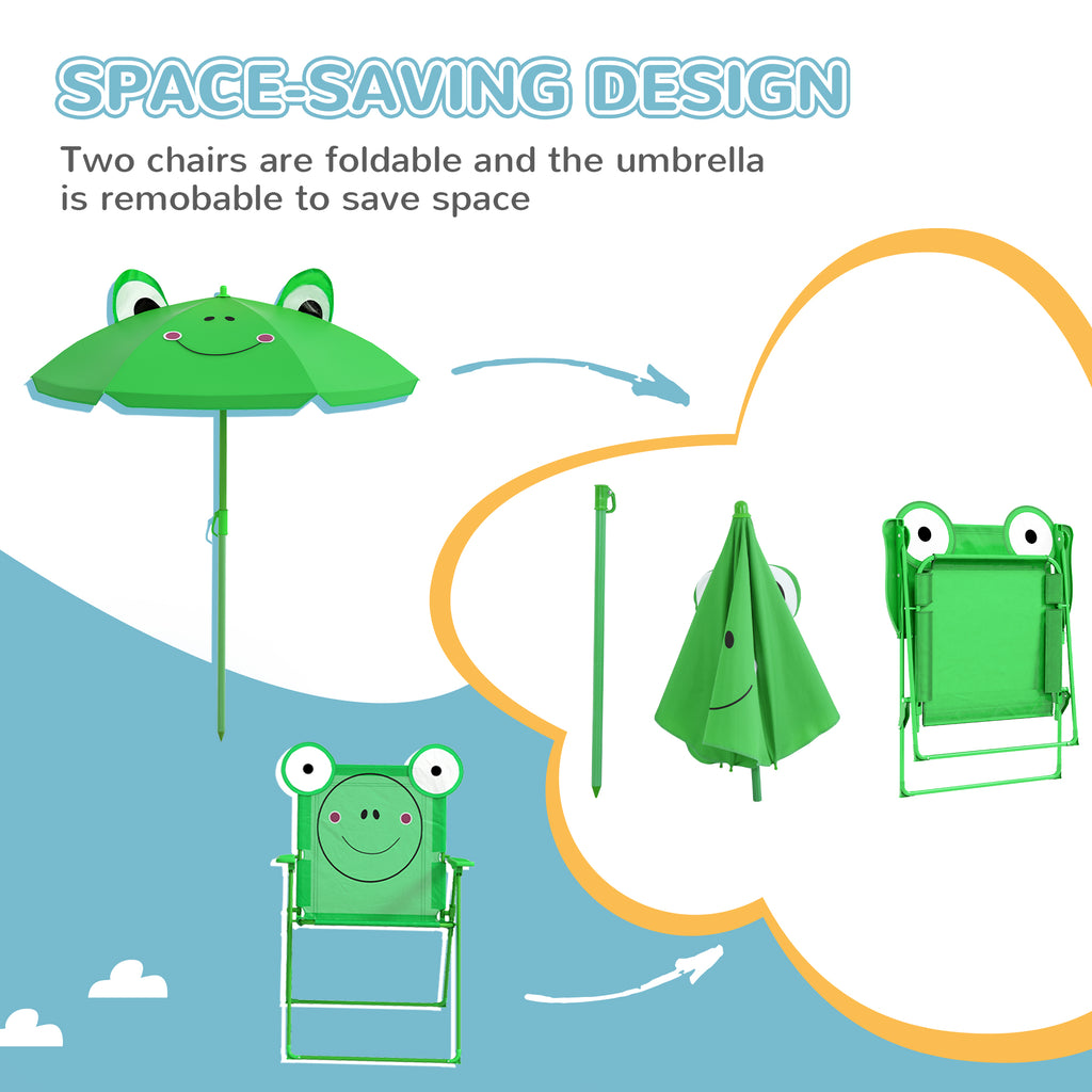 Kids Folding Picnic Table and Chair Set Pattern Outdoor Garden Patio Backyard with Removable & Height Adjustable Sun Umbrella Green
