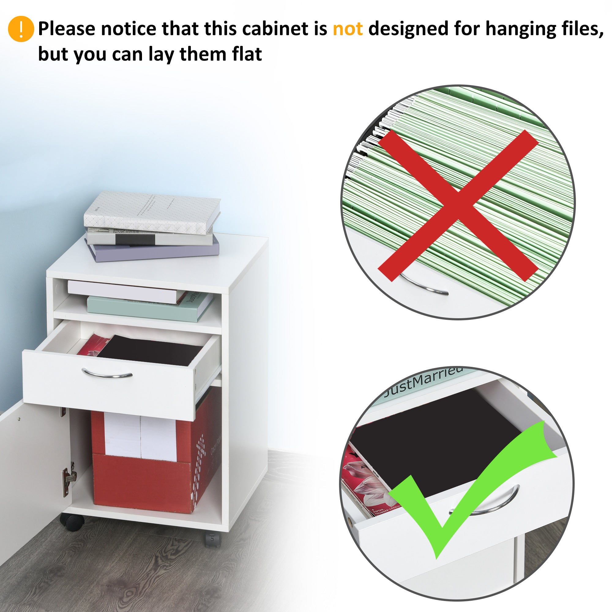 24" Small Filing Cabinet with Open Compartment, Drawer and Wheels, Home Office Storage Cabinet, Black