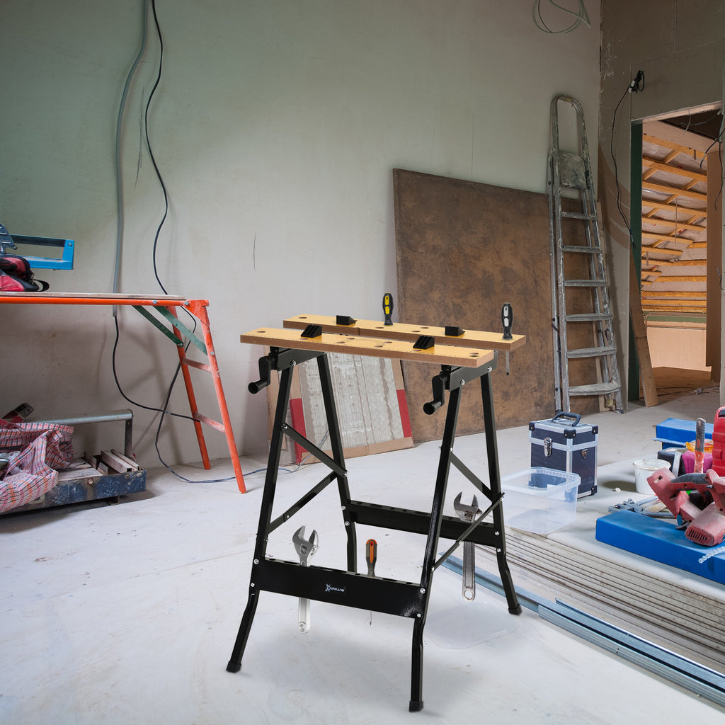 Foldable Work Bench w/ 4 Adjustable Clamps, Carpenter Saw Table, MDF Surface, Steel Frame, Portable Work Bench 100kg/220lbs Capacity, Black