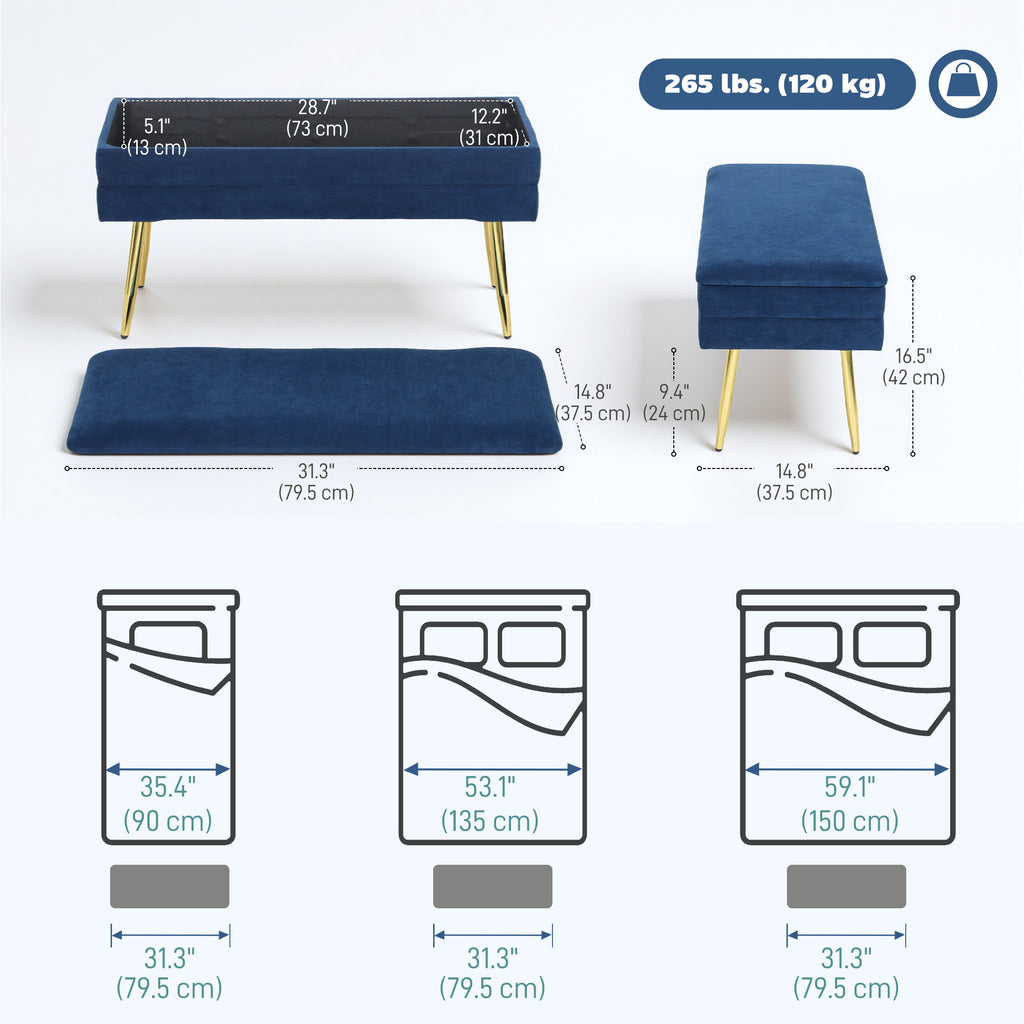 39" Storage Ottoman, Velvet End of Bed Bench with Steel Legs, Foot Stool with Storage for Bedroom, Living Room