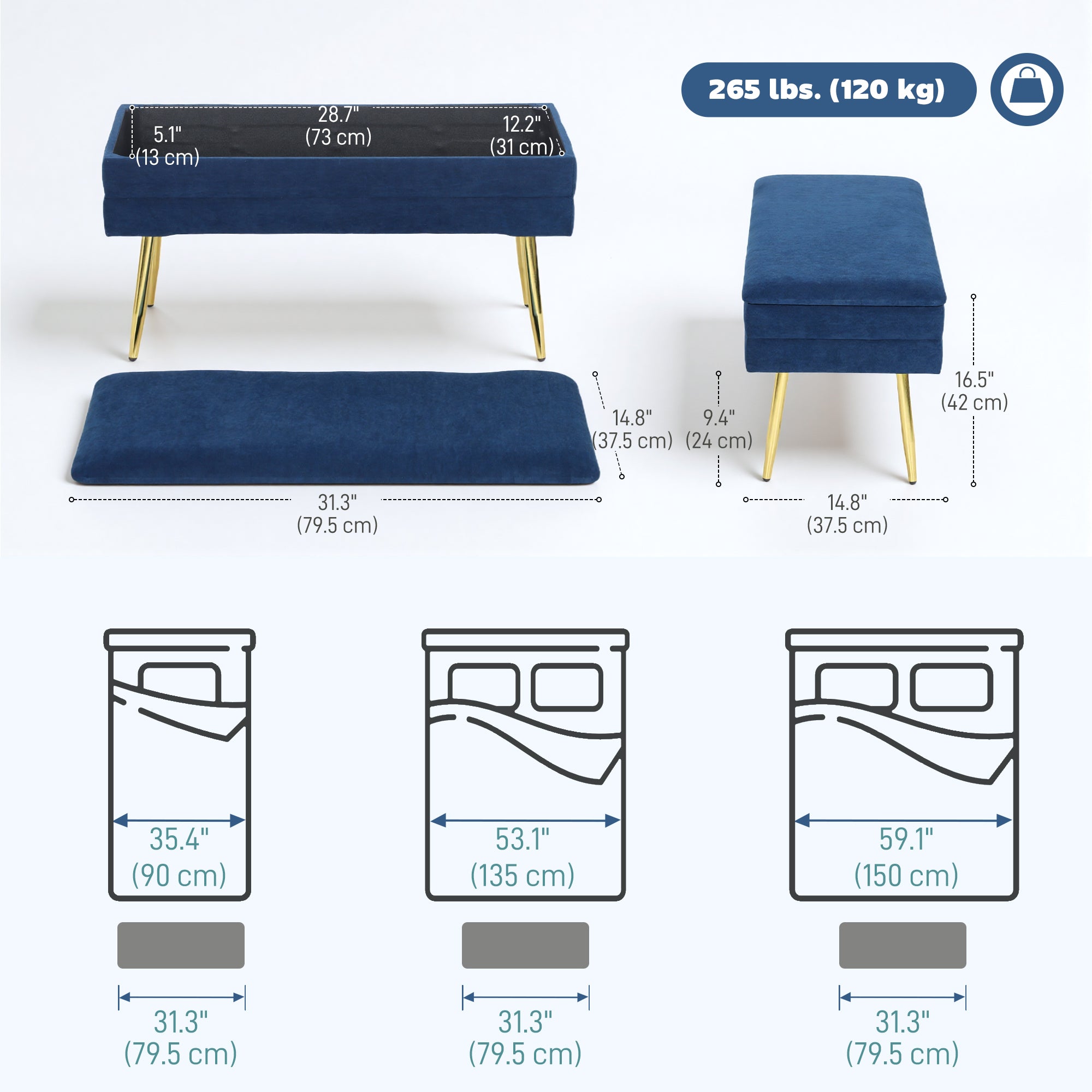 39" Storage Ottoman, Velvet End of Bed Bench with Steel Legs, Foot Stool with Storage for Bedroom, Living Room