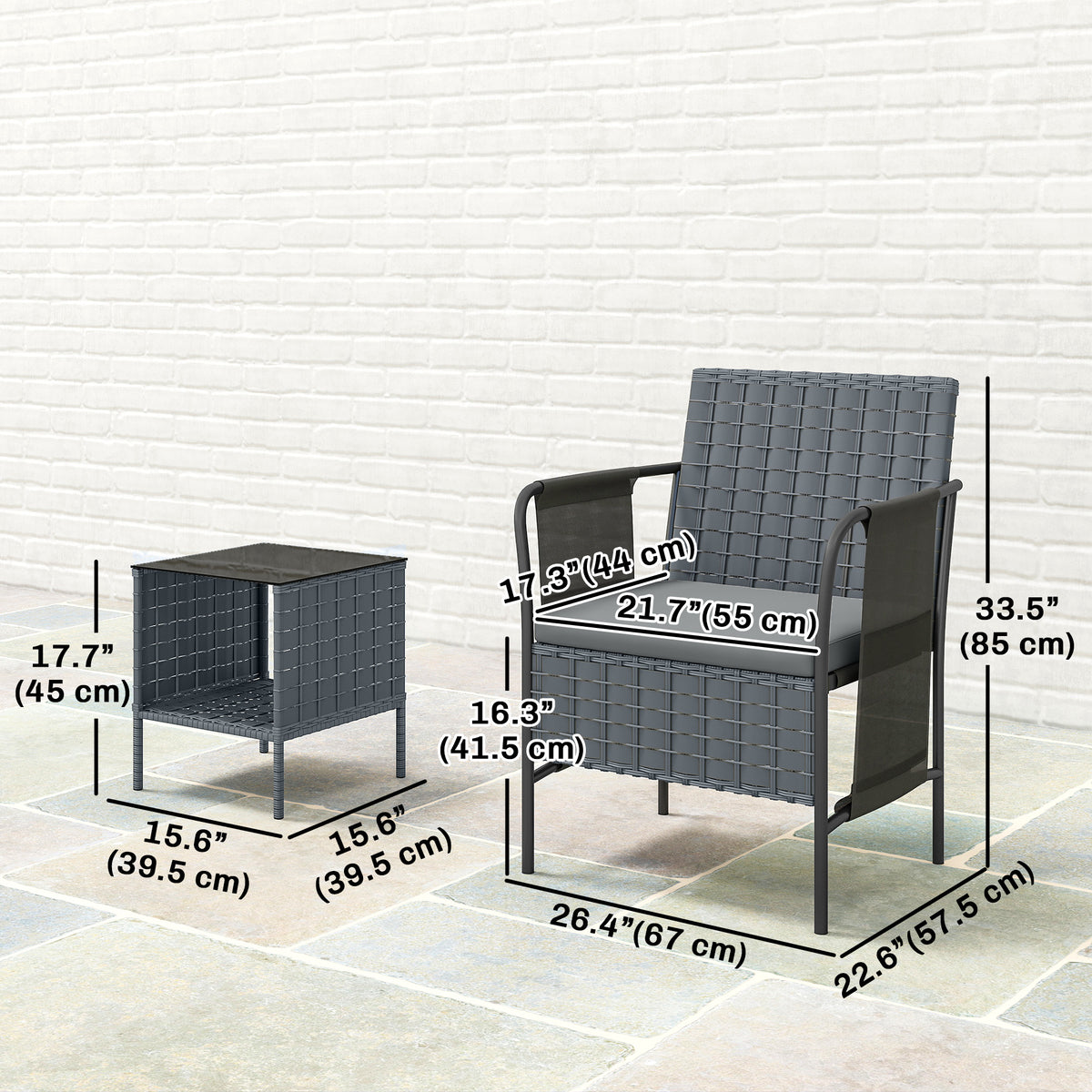 3 Piece Wicker Patio Furniture Set, Outdoor Bistro Set, Side Pockets, Mesh Seat, 2 Tier Glass Table, Cushions, Black