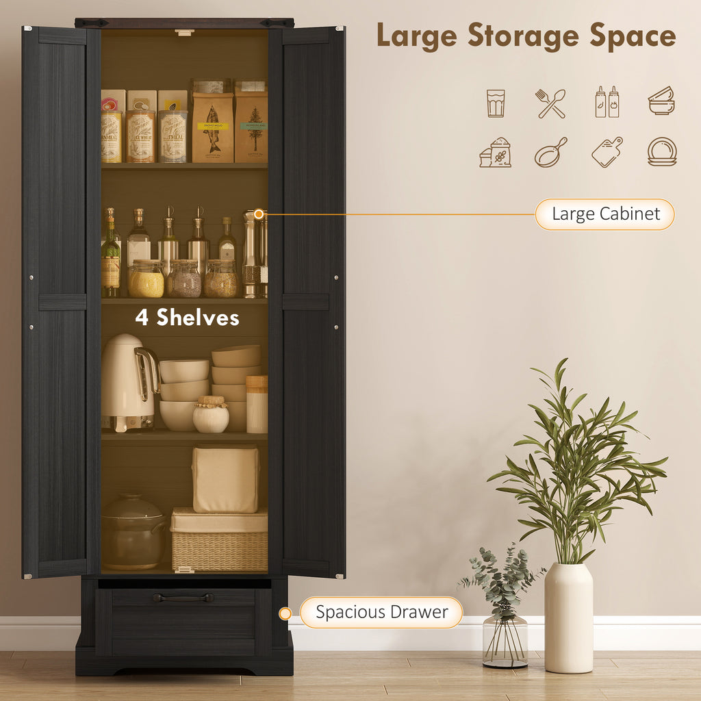 71" Pantry Cabinet, Kitchen Storage Cabinet with Adjustable Shelves, 2 Doors and Drawer for Dining Room, White
