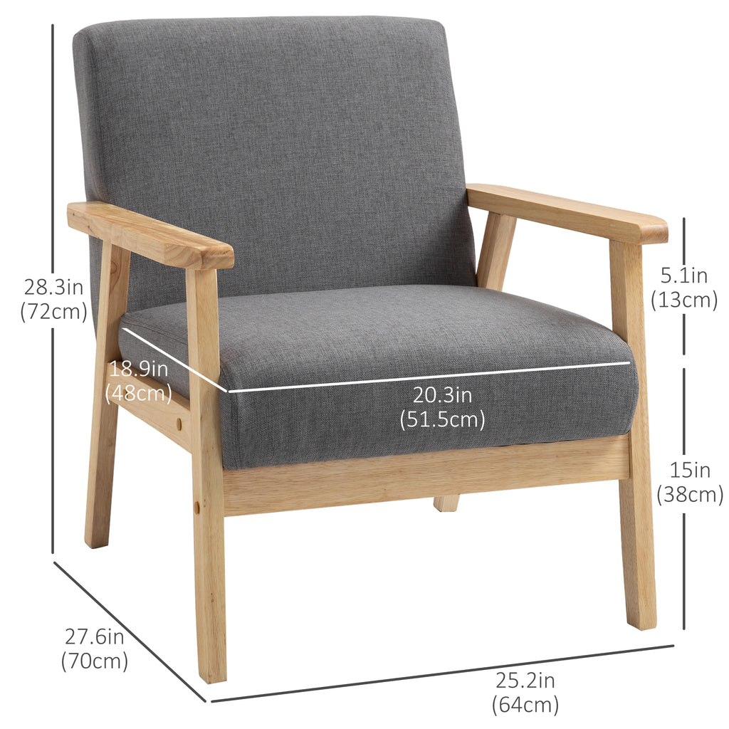 Minimalistic Accent Chairs Wood Frame w/ Thick Linen Cushions Wide Seat Armchair for Bedroom Office, Grey