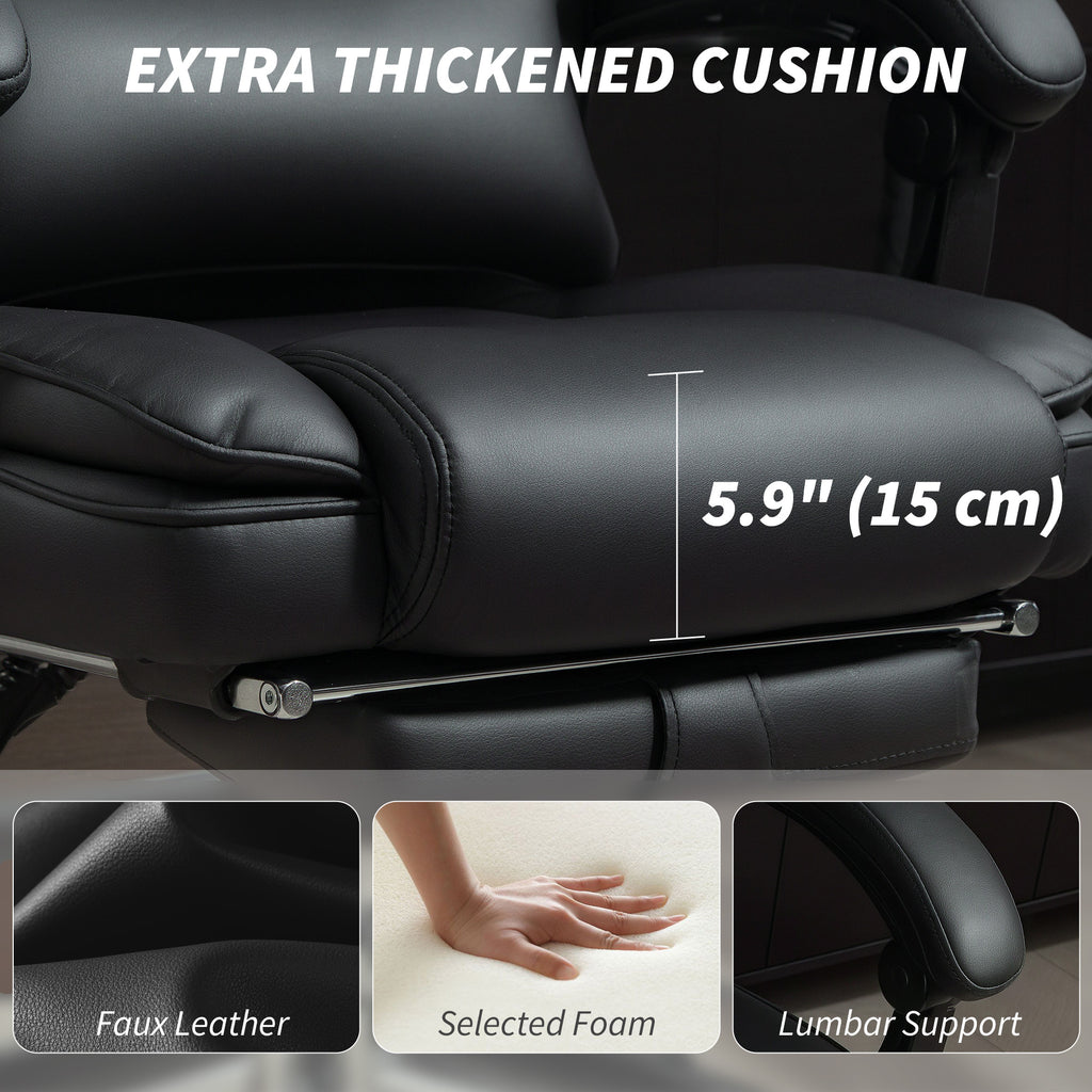 PU Leather Office Chair, Reclining Desk Chair with Footrest, Adjustable Headrest, Lumbar Support, Swivel Wheels, Black