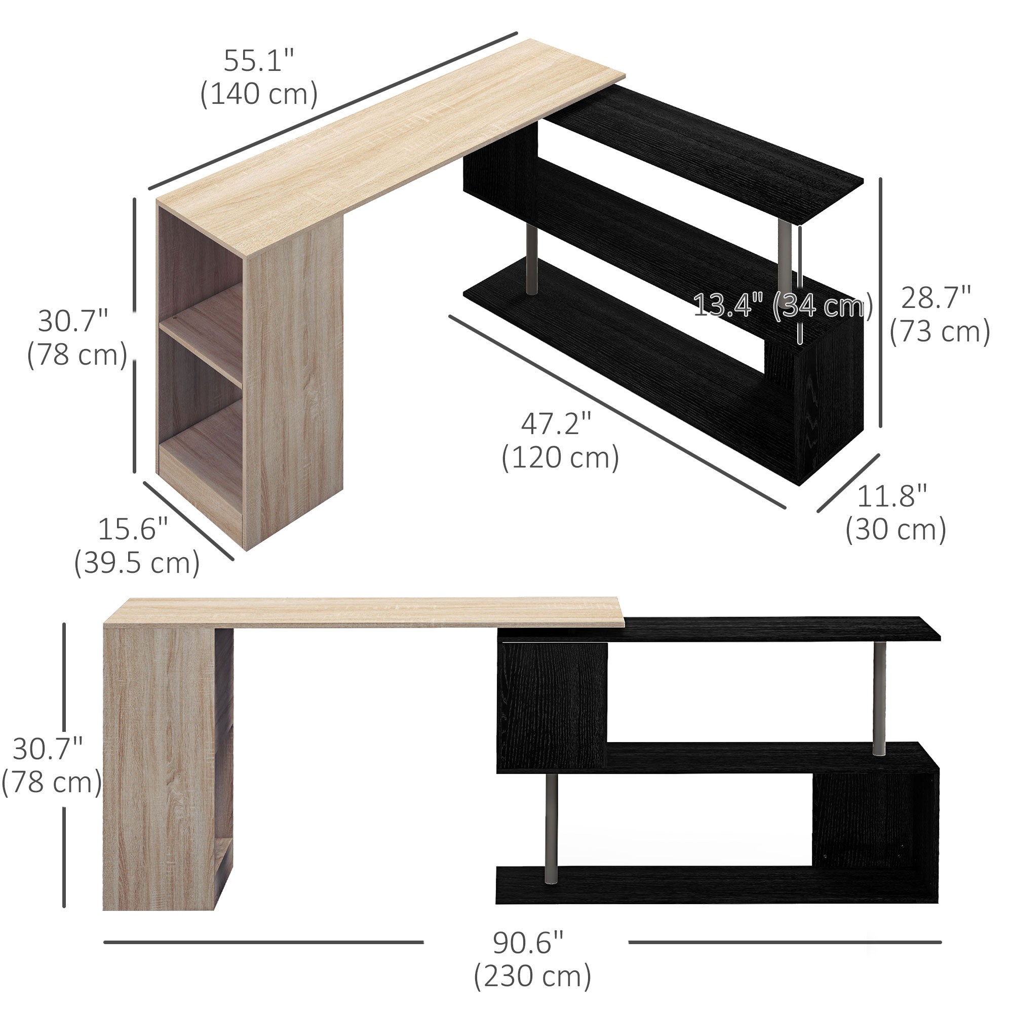 55" Corner Computer Desk, 360° Rotating L-Shaped Desk, Home Office Workstation with 3-Tier Shelves, Bookshelf, White