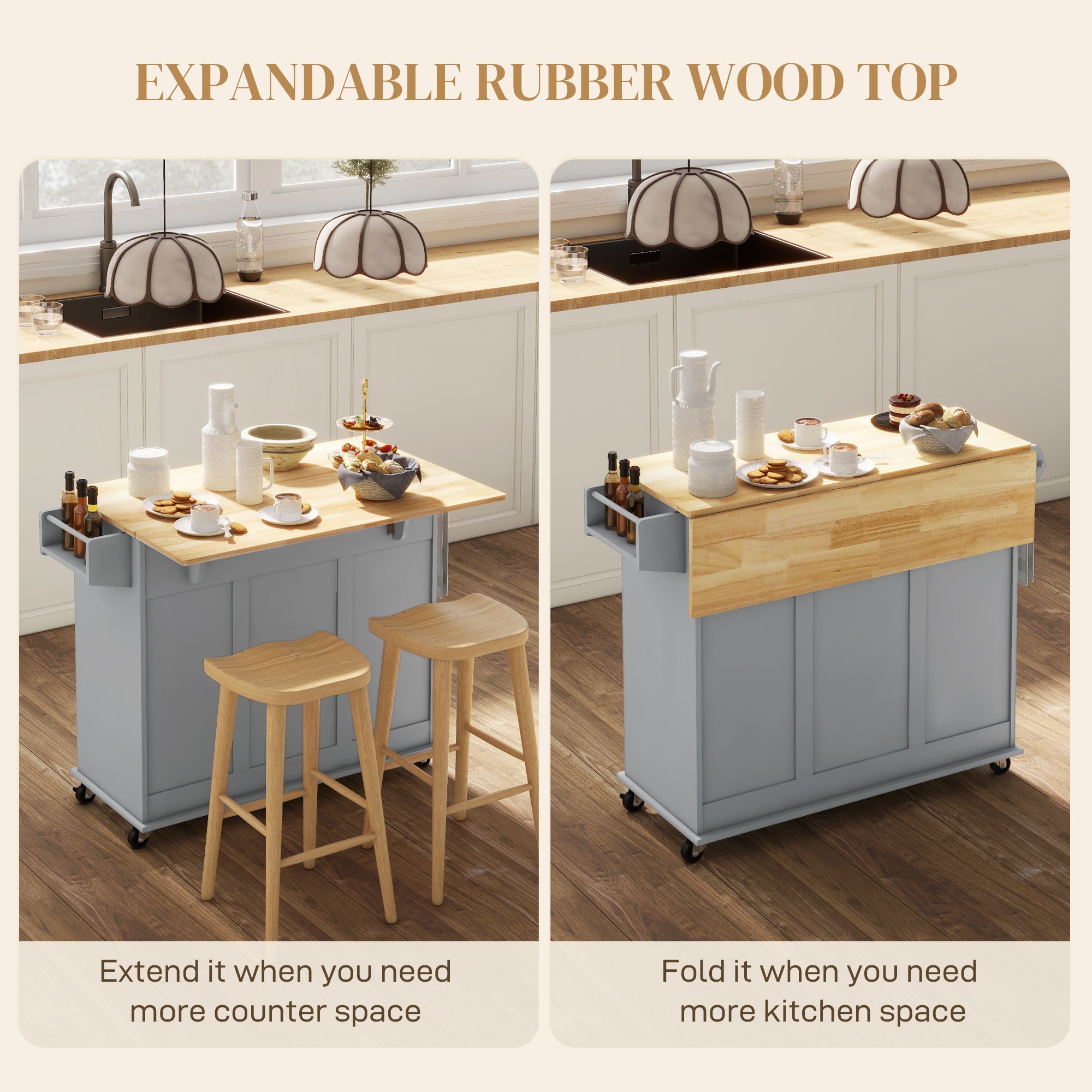 Kitchen Island on Wheels, Kitchen Cart with Drop Leaf, Drawers, White