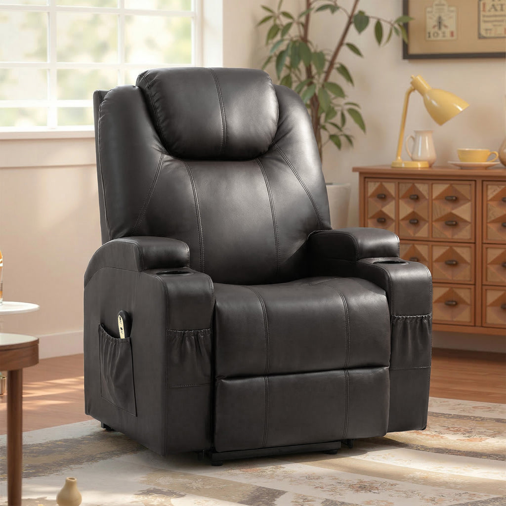 Power Lift Recliner Chair for Elderly, PU Leather Lift Chair with Thick and High Back, Footrest, Remote, Side Pockets, Cup Holders, Reclining Sofa for Living Room, Black