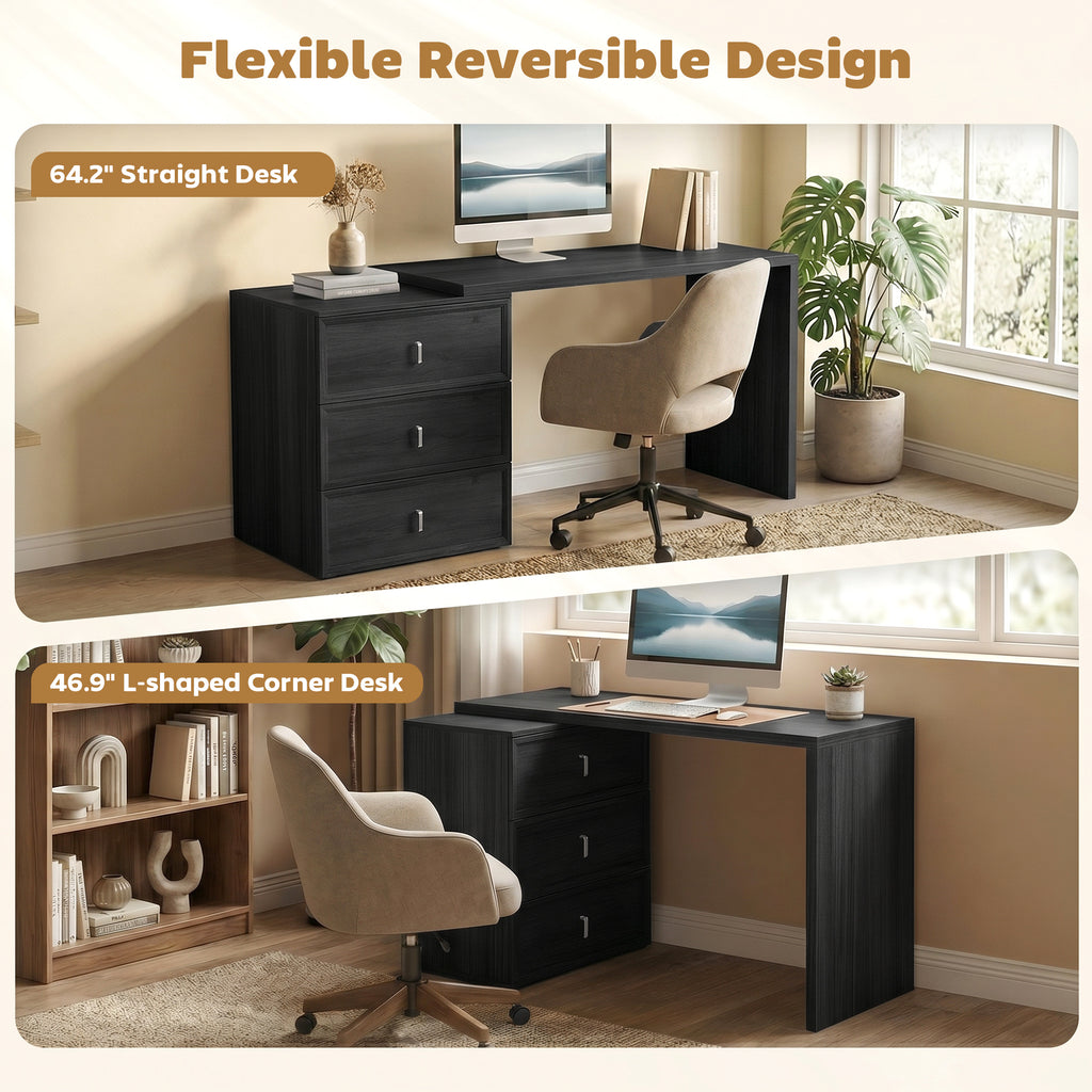 L Shaped Computer Desk Home Office Desk with 6 Drawers Black Wood Grain
