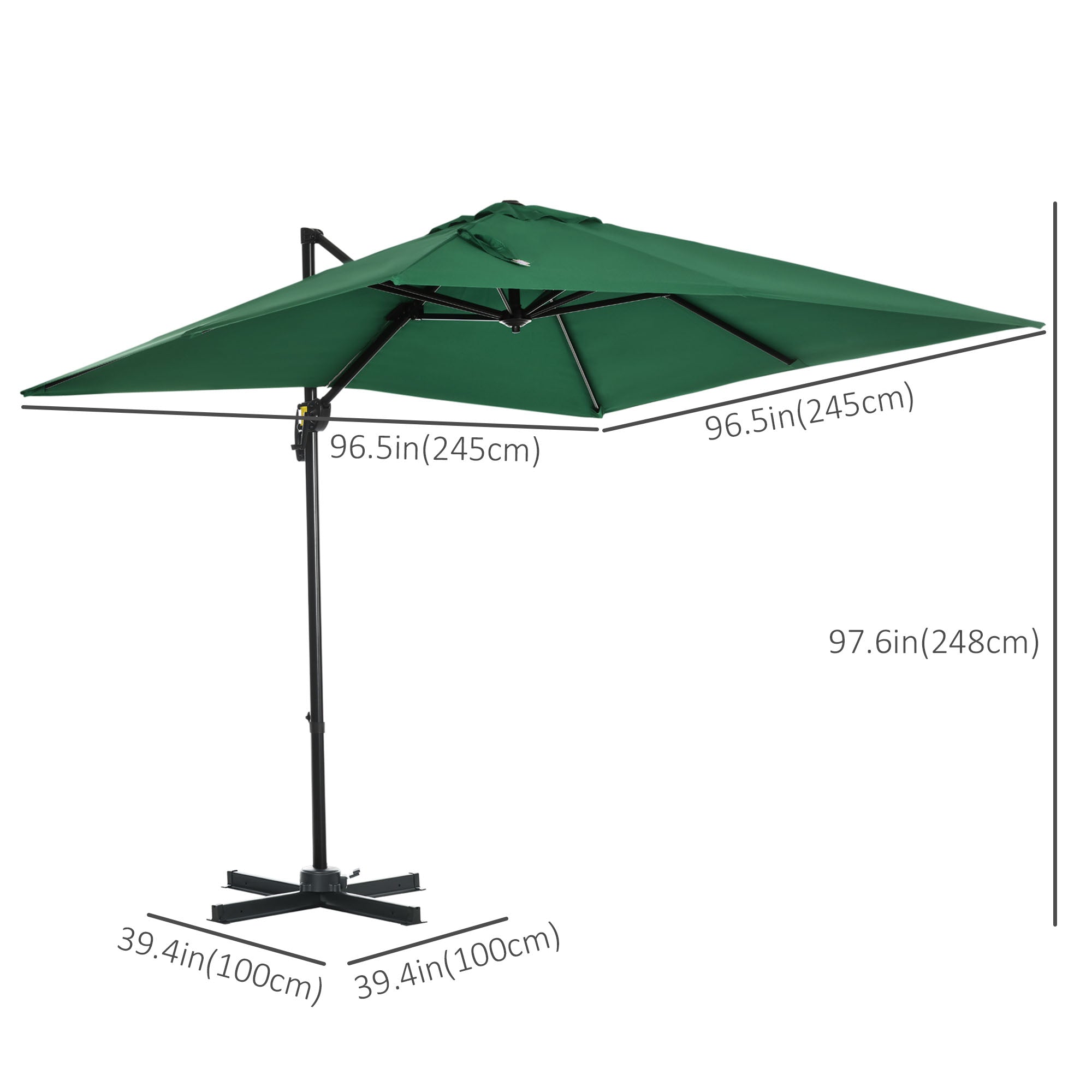 8' x 8' Square Cantilever Umbrella with 360° Rotation, Aluminum Outdoor Cantilever Market Parasol with Crank & Tilt, Garden Sun Canopy Shelter with Cross Base, Green