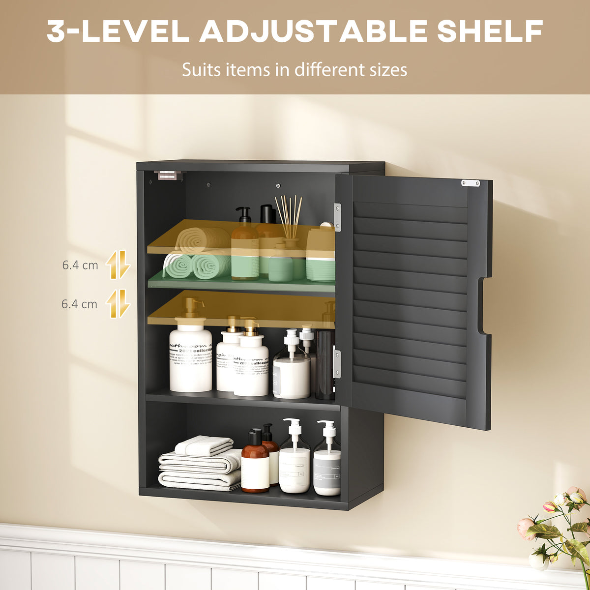 Bathroom Cabinet, Wall Mounted Storage Cabinet with Adjustable Shelves, 40 x 20 x 60 cm, Black
