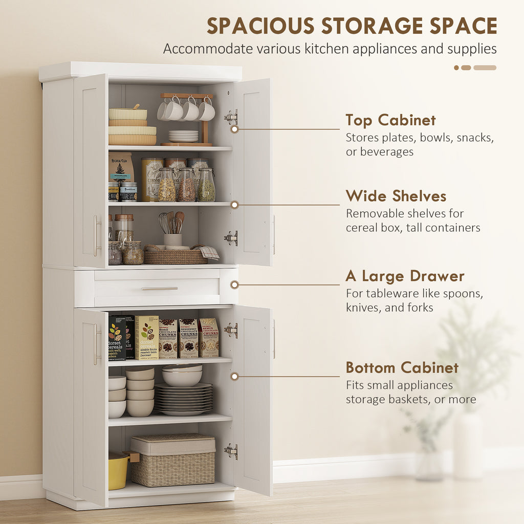 72" Storage Cabinet, Freestanding Kitchen Pantry Cabinet with 4 Doors, Drawer and 3 Adjustable Shelves, White