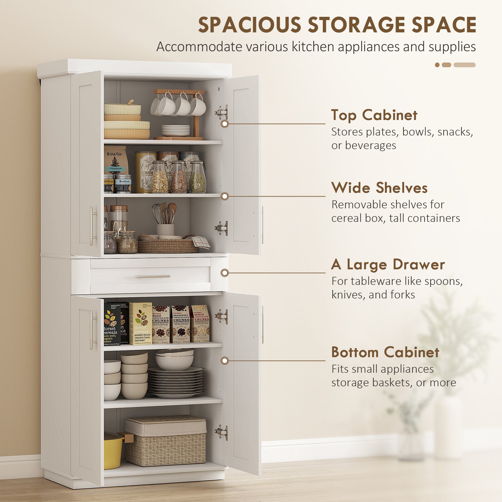 72" Storage Cabinet, Freestanding Kitchen Pantry Cabinet with 4 Doors, Drawer and 3 Adjustable Shelves, White