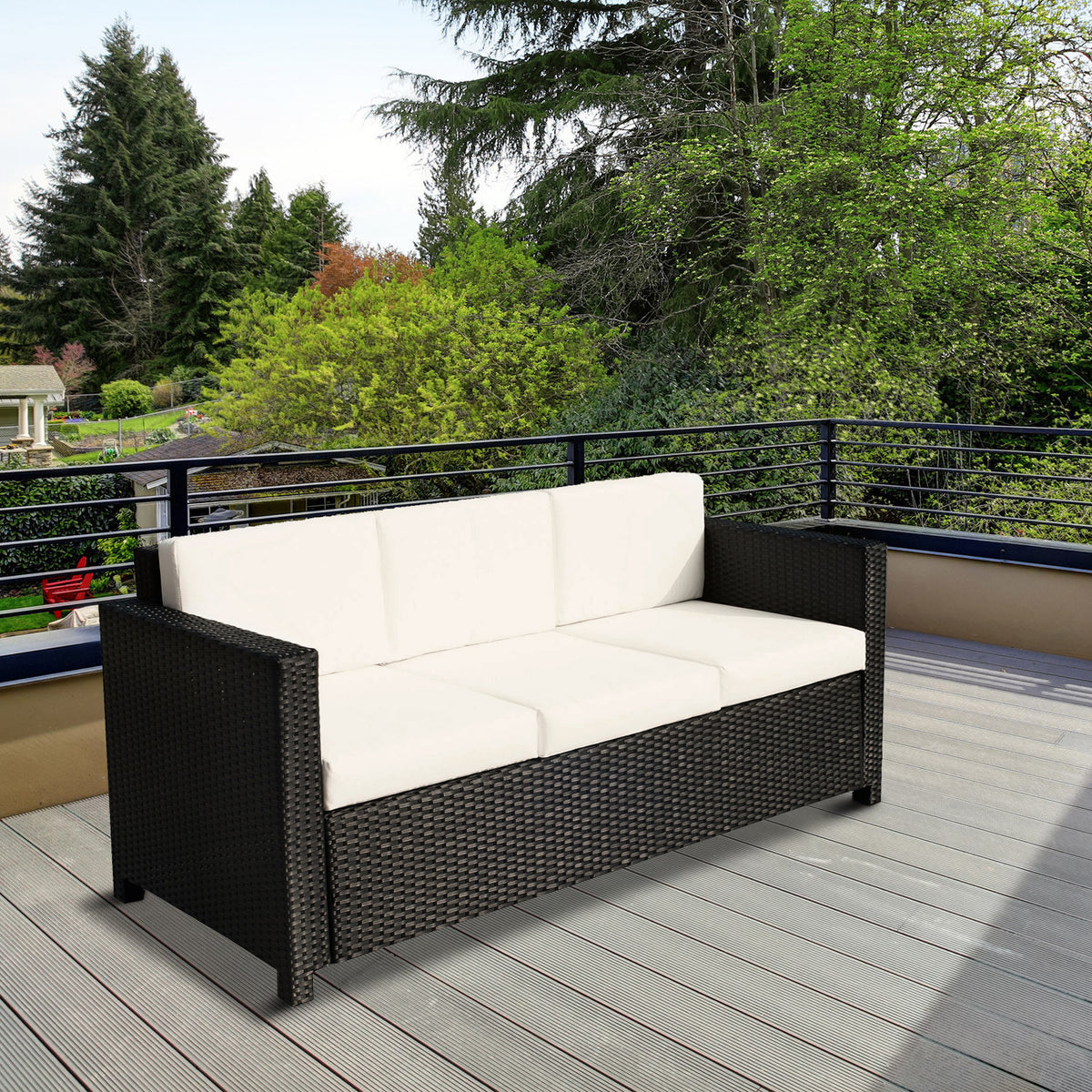 Deluxe 3 Seat Rattan Wicker Sofa Garden Outdoor Patio Furniture with Cushion, Cream White