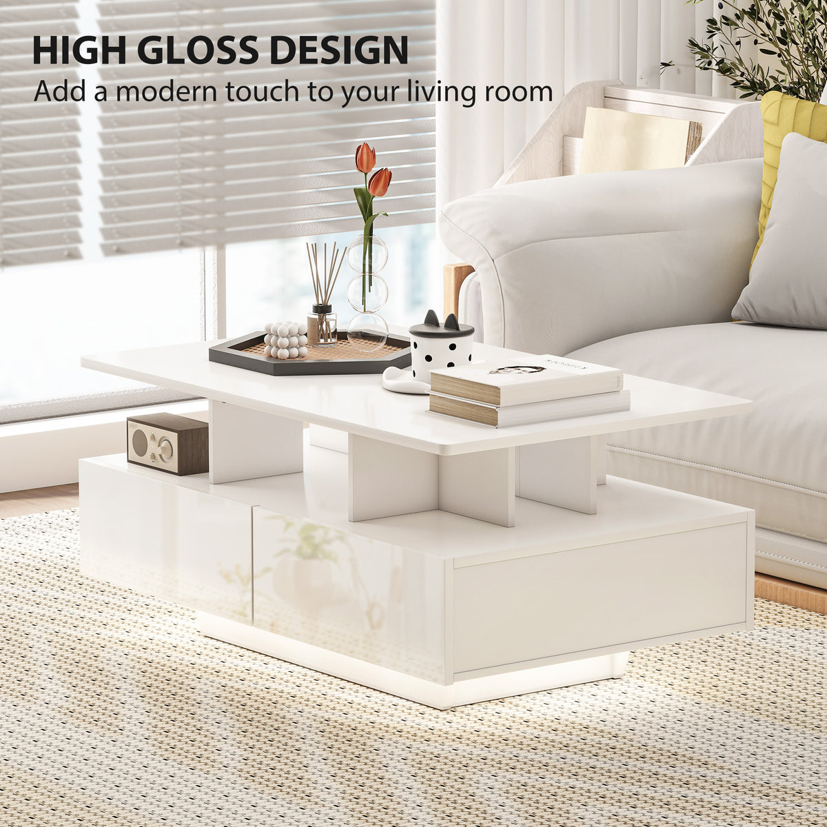 ከ RGB LED መብራት ጋር የቡና ጣውላ፣ ዘመናዊ ናይ መነበብ ክፍሊ ጣውላ ምስ 4 መሳልብታት፣ ክፉት መደርደሪ፣ ርሑቕ ተቆጻጸሪ፣ ልዑል ብርሃን ጻዕዳ