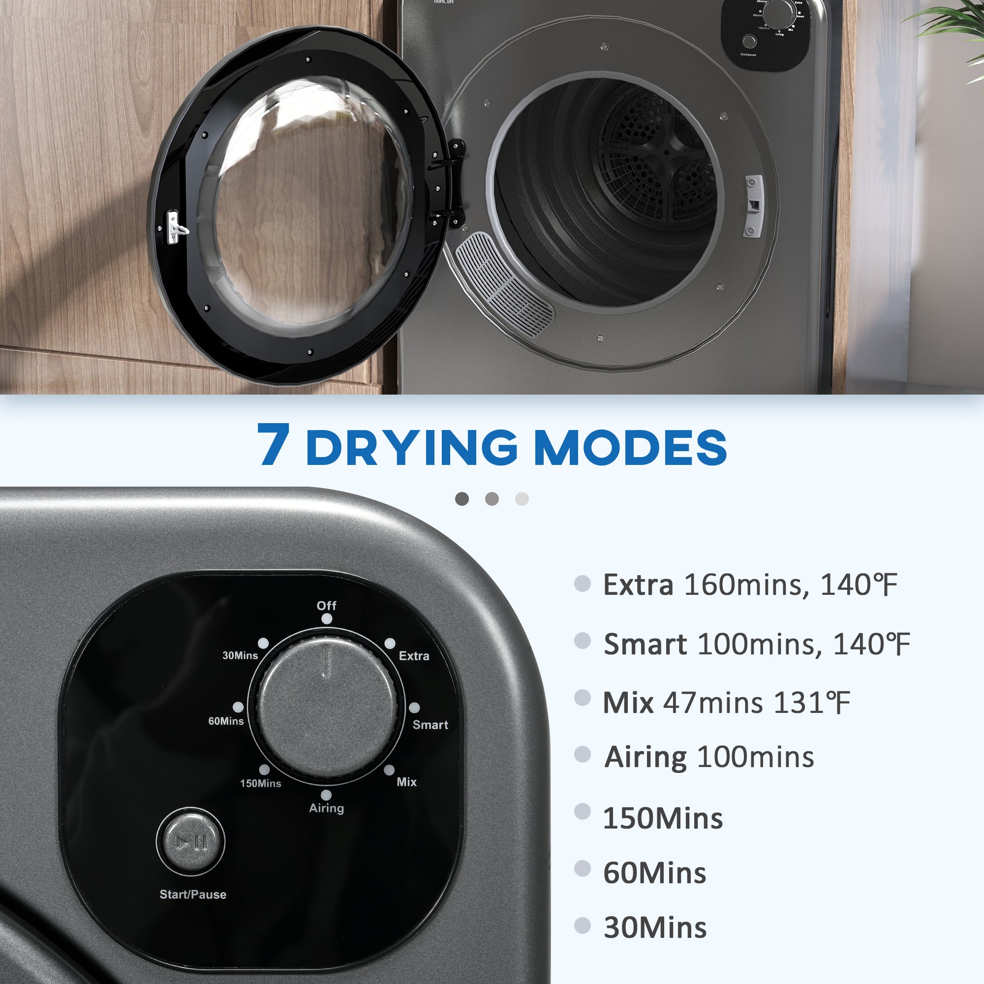Compact Laundry Dryer Machine, 1300W, 3.22 Cu. Ft. Electric Portable Clothes Dryer with 7 Drying Modes for Apartment or Dorm, White