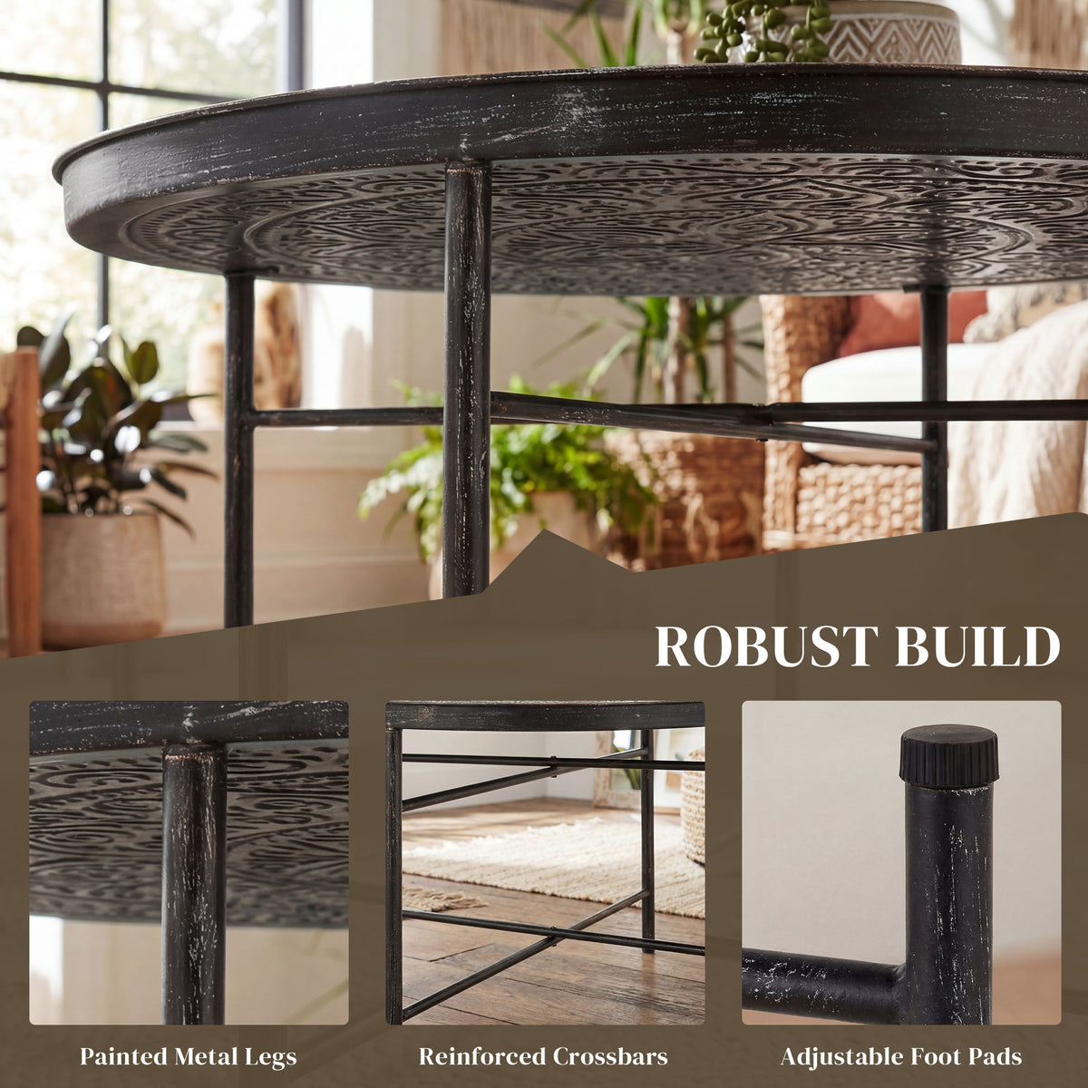 Vintage Coffee Table for Living Room, 24" Round Center Table with Hammered Tray Top and Metal Frame, Pewter