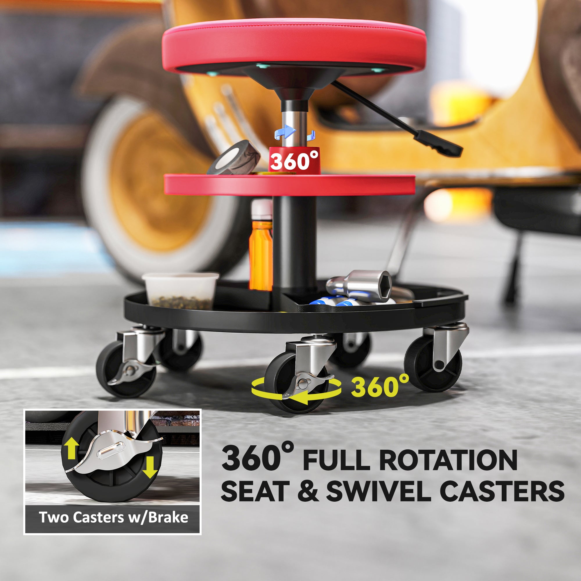 Rolling Garage Stool, 300 LBS Capacity Mechanic Stool with 2.5" Wheels, Tool Trays Storage, Adjustable Height, Red