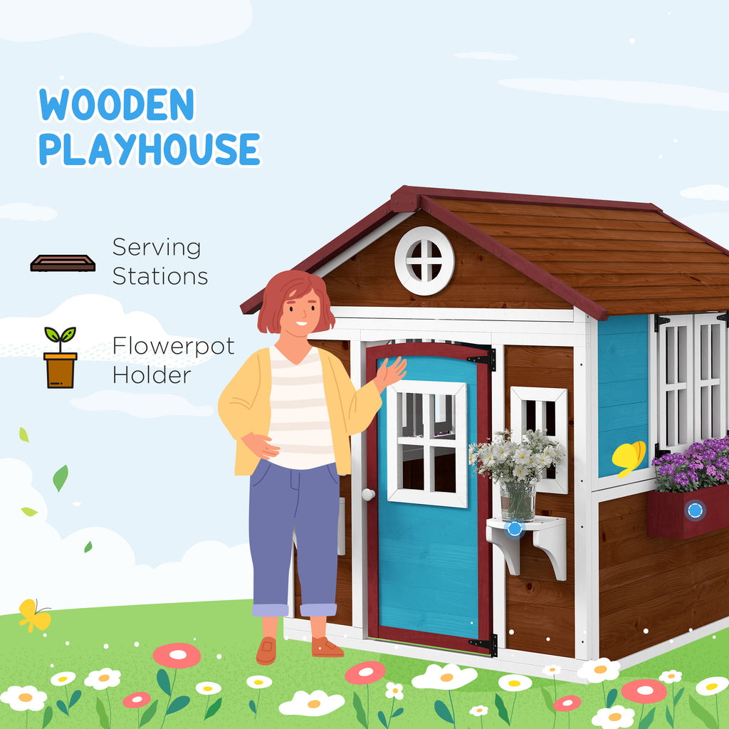 Wooden Playhouse for Kids Outdoor with Door, Windows, Planter Pots and Boxes for Toddlers 3-8 Years, Dark Brown