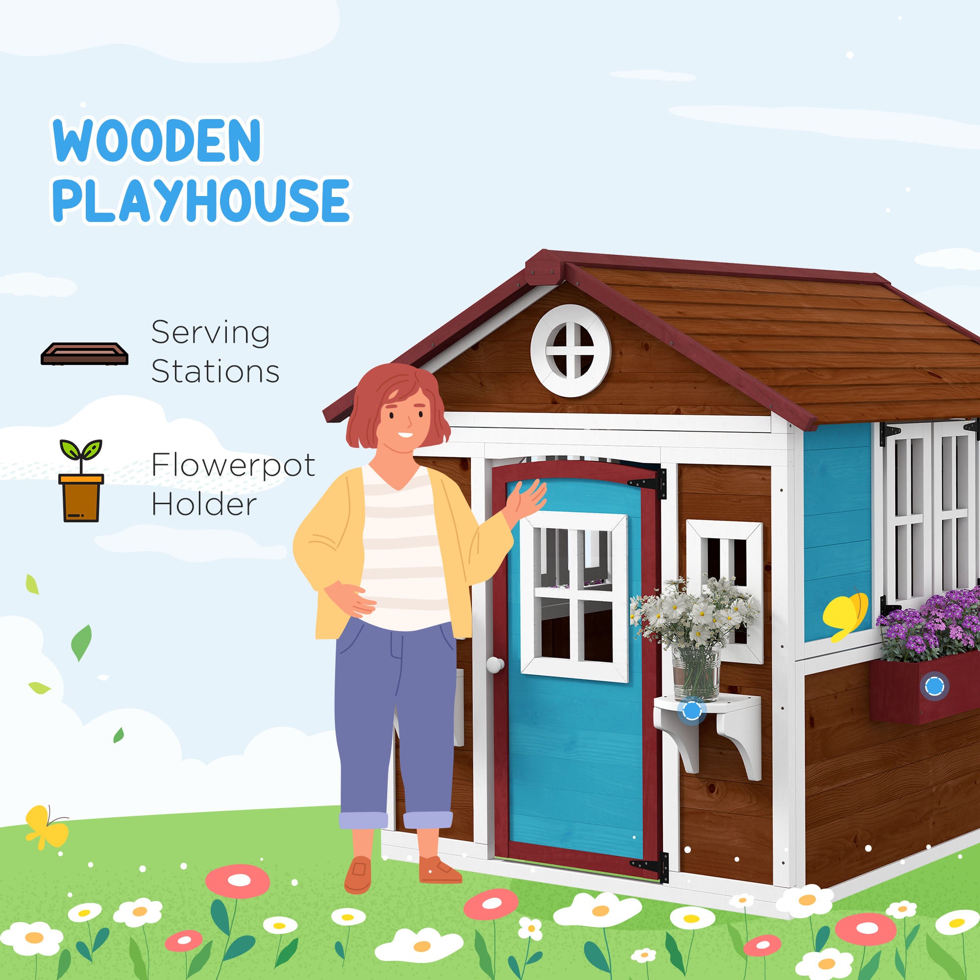 Wooden Playhouse for Kids Outdoor with Door, Windows, Planter Pots and Boxes for Toddlers 3-8 Years, Dark Brown