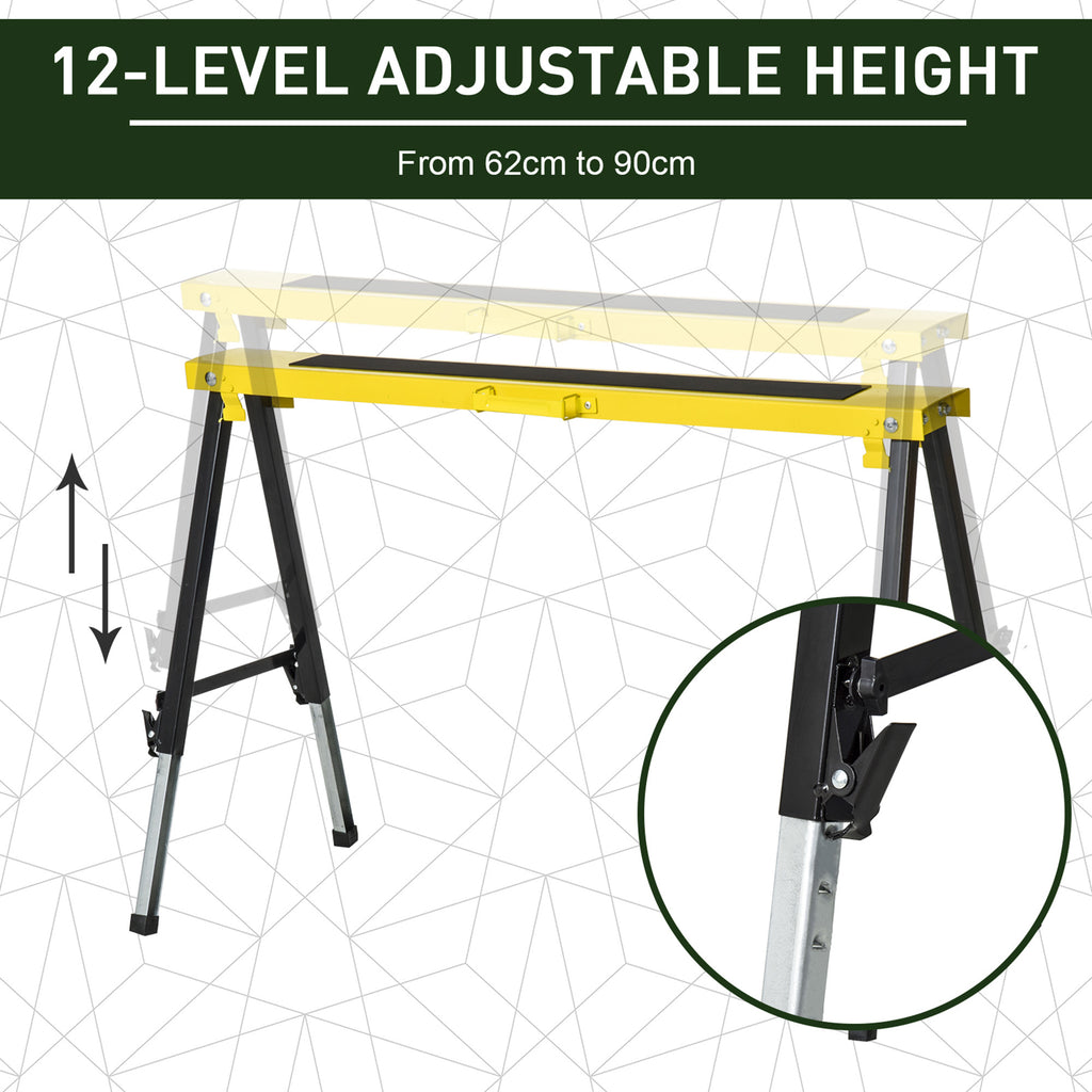 Saw Horse Twin Pack Folding Workbench Adjustable Metal Trestle Stands Yellow