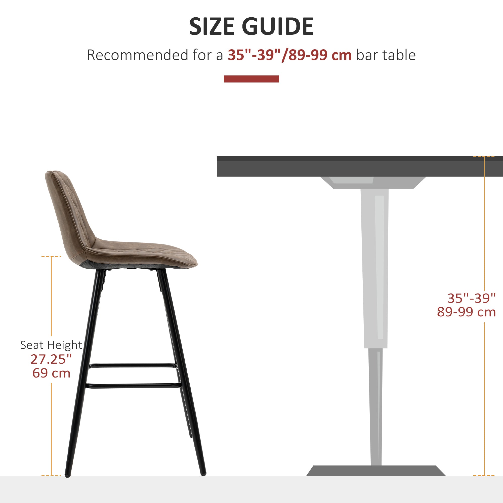 PU Leather Counter Height Bar Chairs Set of 2, 27.75" Bar Stools with Metal Legs for Dining Area, Kitchen Island, Brown