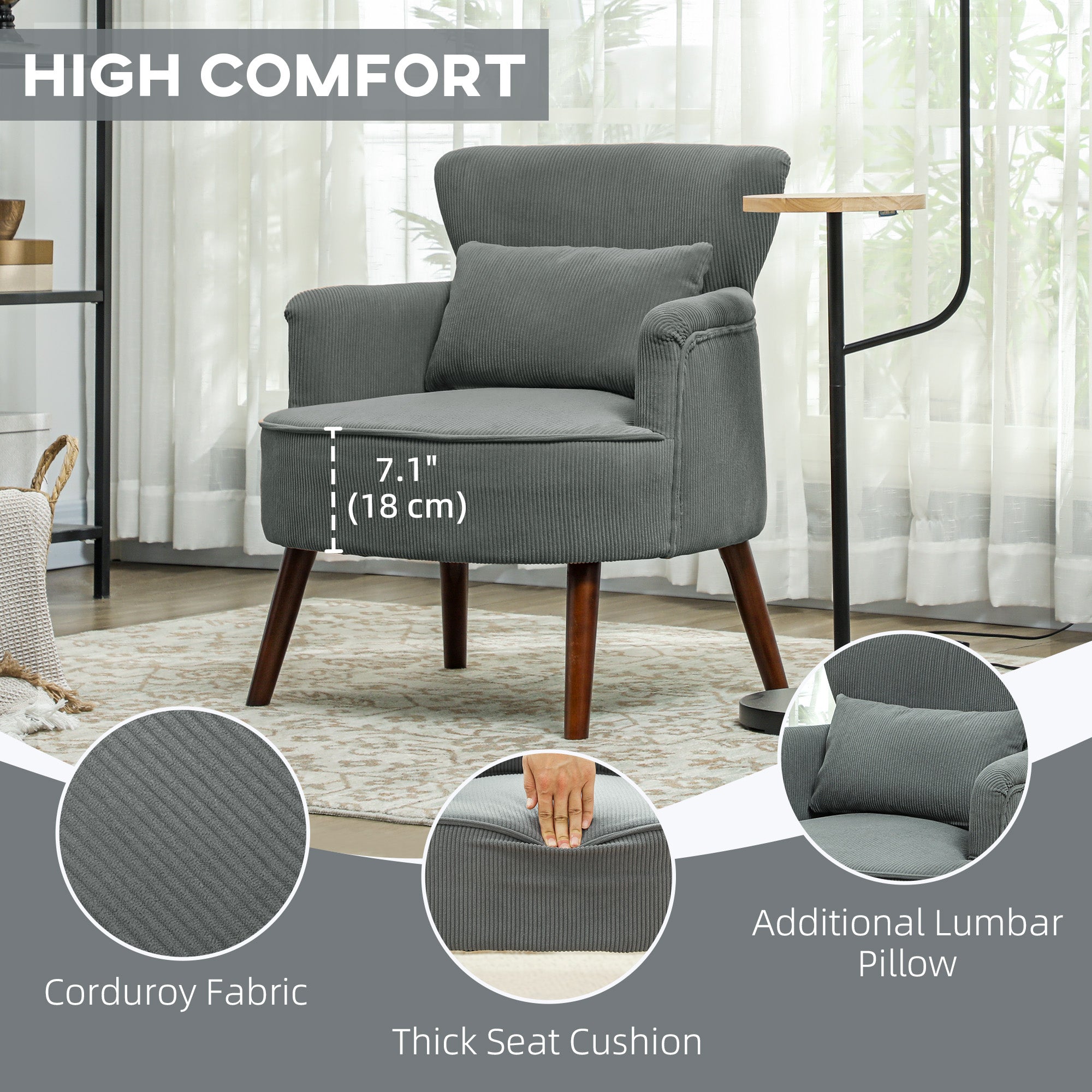 Modern Accent Chair, Upholstered Armchair with Solid Wood Legs and Lumbar Pillow for Living Room, Green