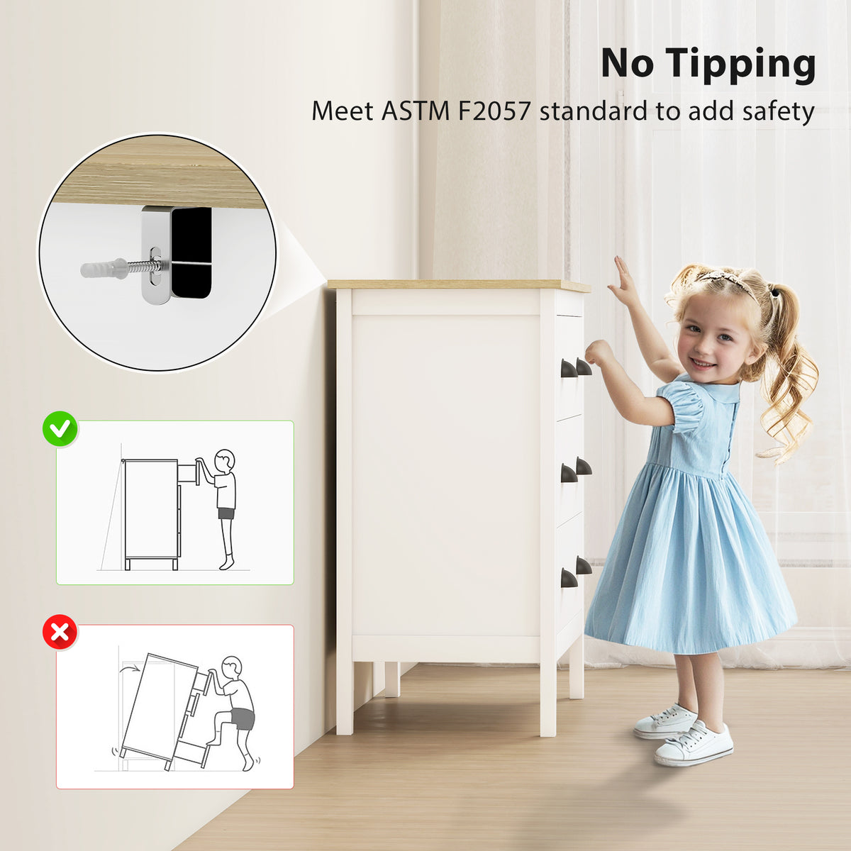 Chest of Drawers with Anti-Tipping, Simple Setup, Easy Clean, Quiet Slides, Modern 3 Drawer Dresser, White