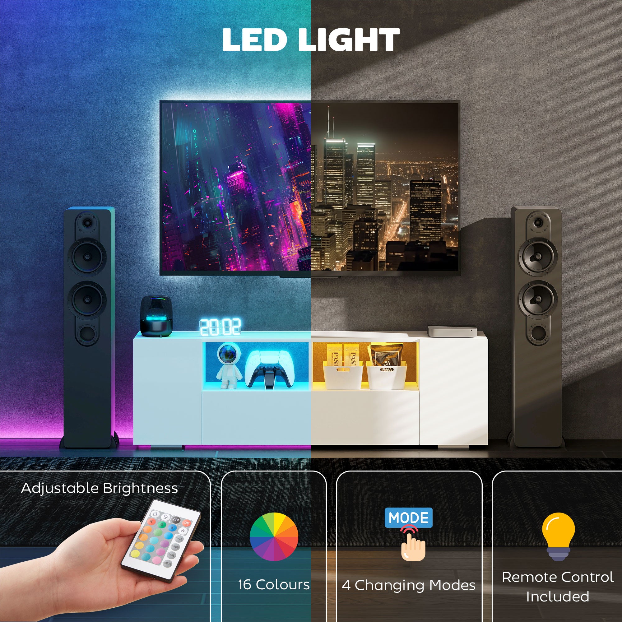 حامل تلفزيون يناسب شاشات حتى 60 بوصة، وحدة تلفزيون بإضاءة LED، أرفف تخزين وخزائن، 53.9 بوصة × 13.8 بوصة × 16.5 بوصة، رمادي