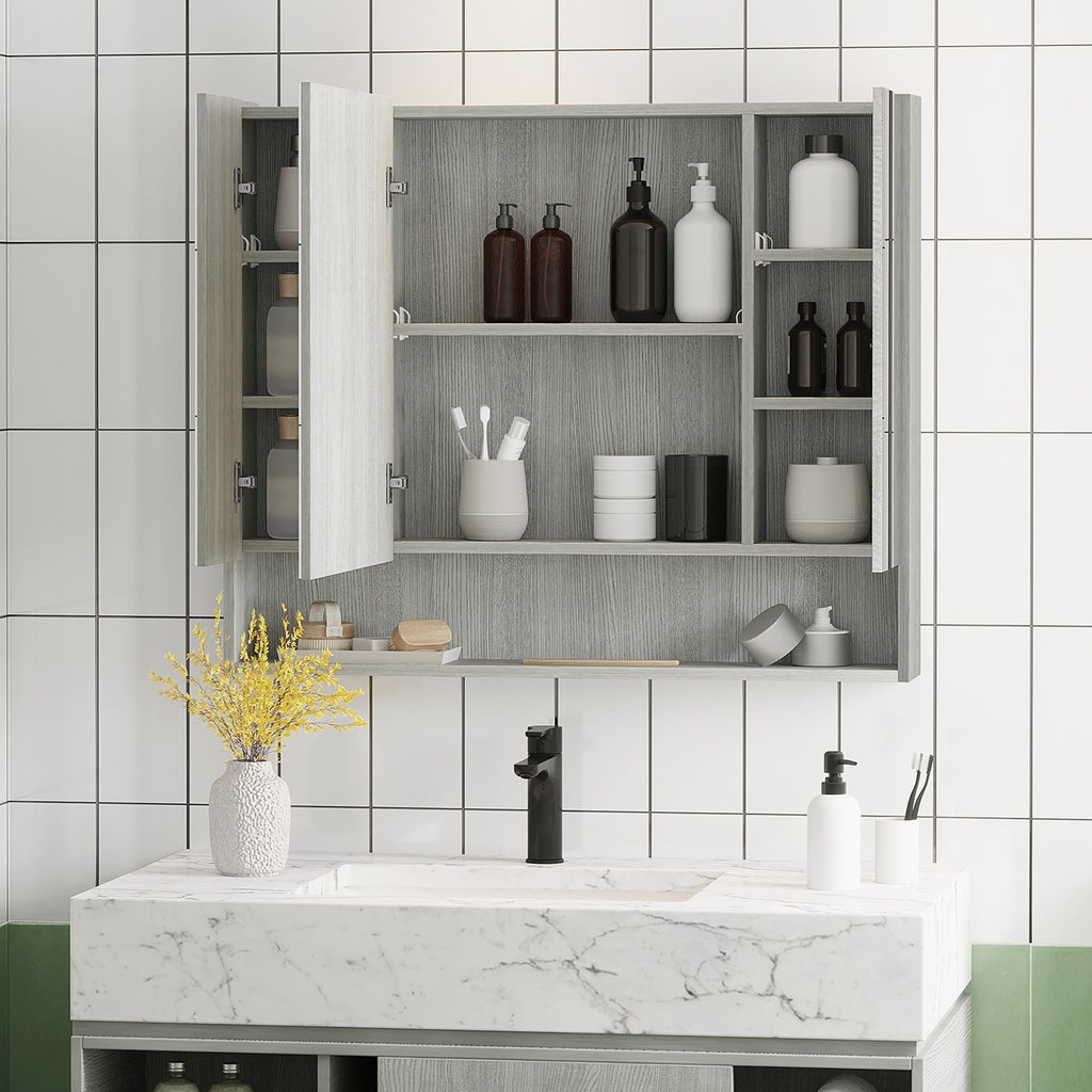 Wall Mounted Bathroom Medicine Cabinet with Mirror and Adjustable Shelves, Grey