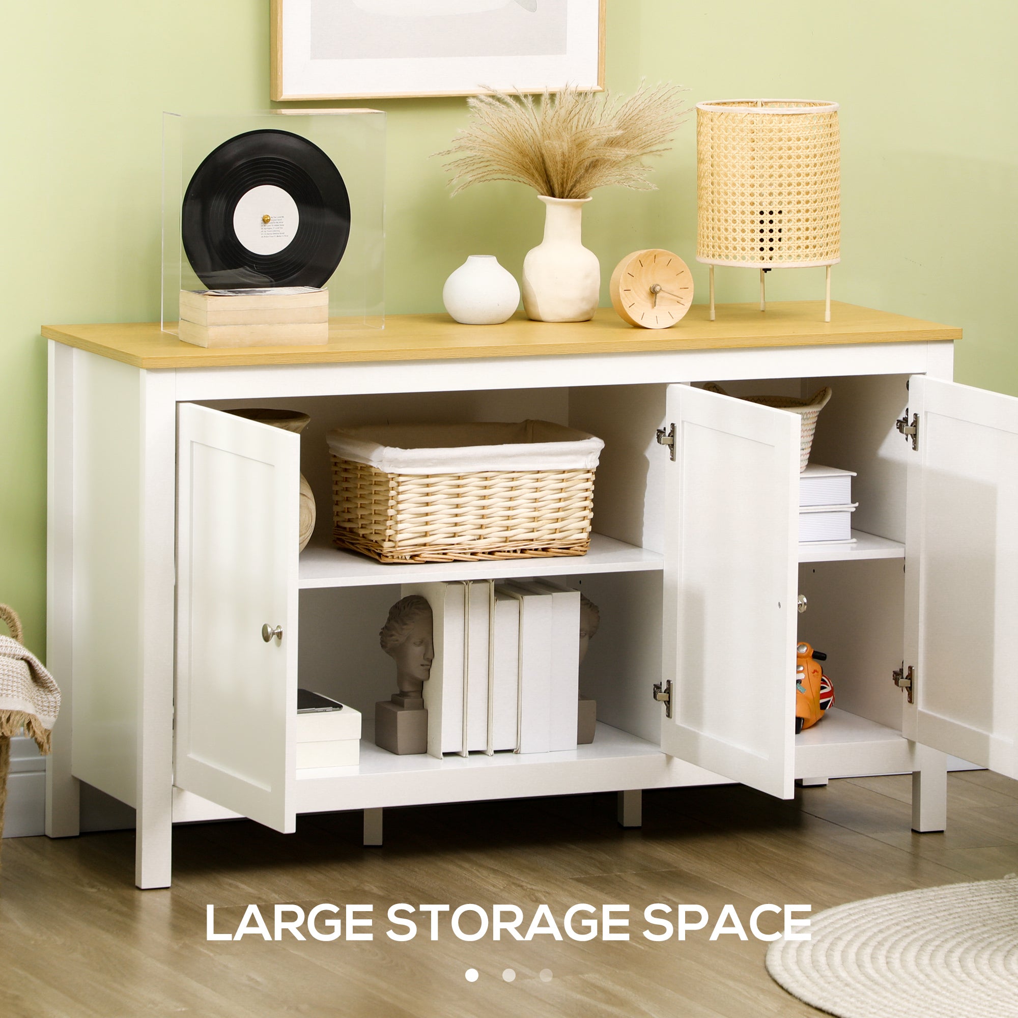 Sideboard, Buffet Cabinet with Doors and Adjustable Shelves for Living Room, Entryway, White and Natural