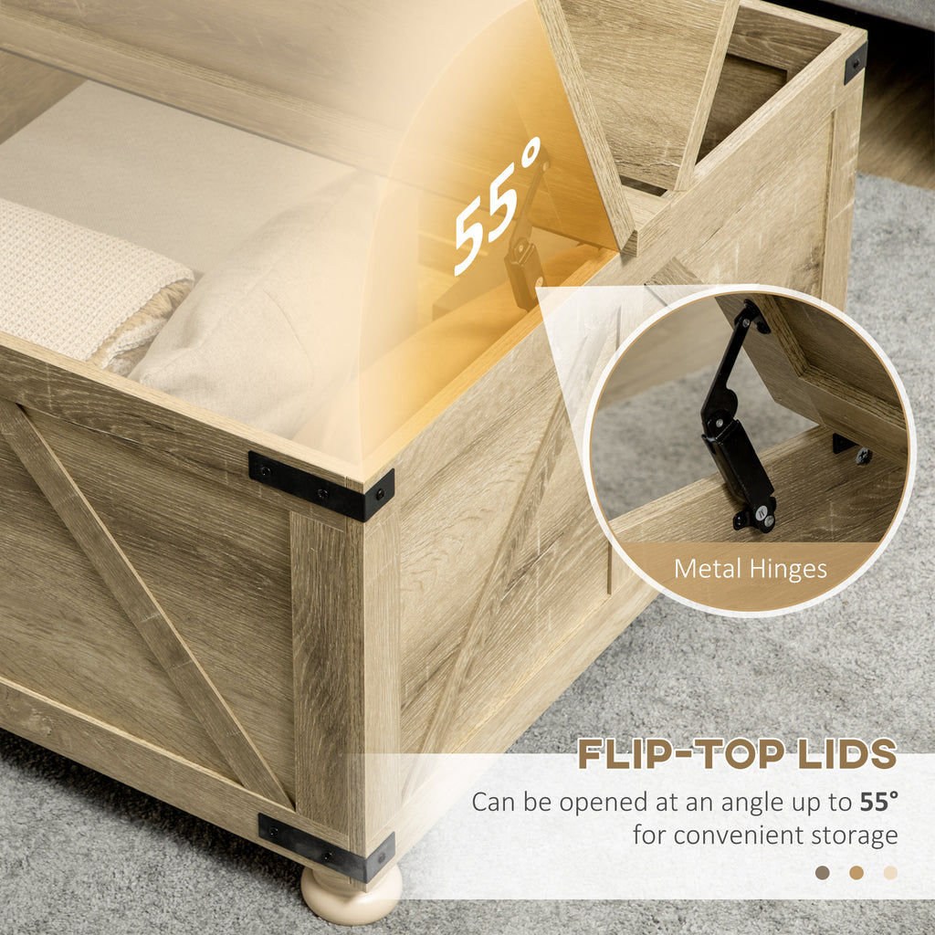 Farmhouse Coffee Table, Square Center Table with Flip-top Lids, Hidden Storage Compartment and Wooden Legs, Oak