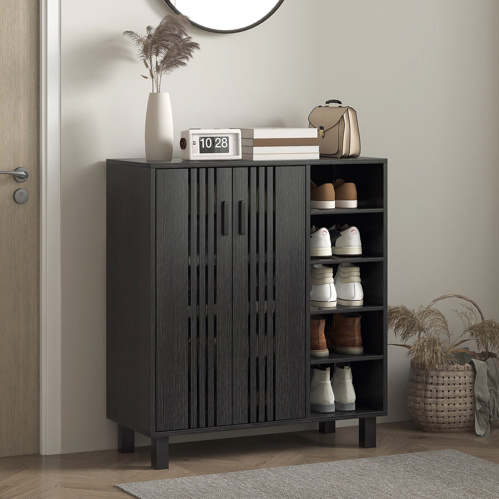 Shoe Storage with Double Doors and Open Shelves 17 Pair Shoe Storage Organizer for Entryway Hallway Walnut
