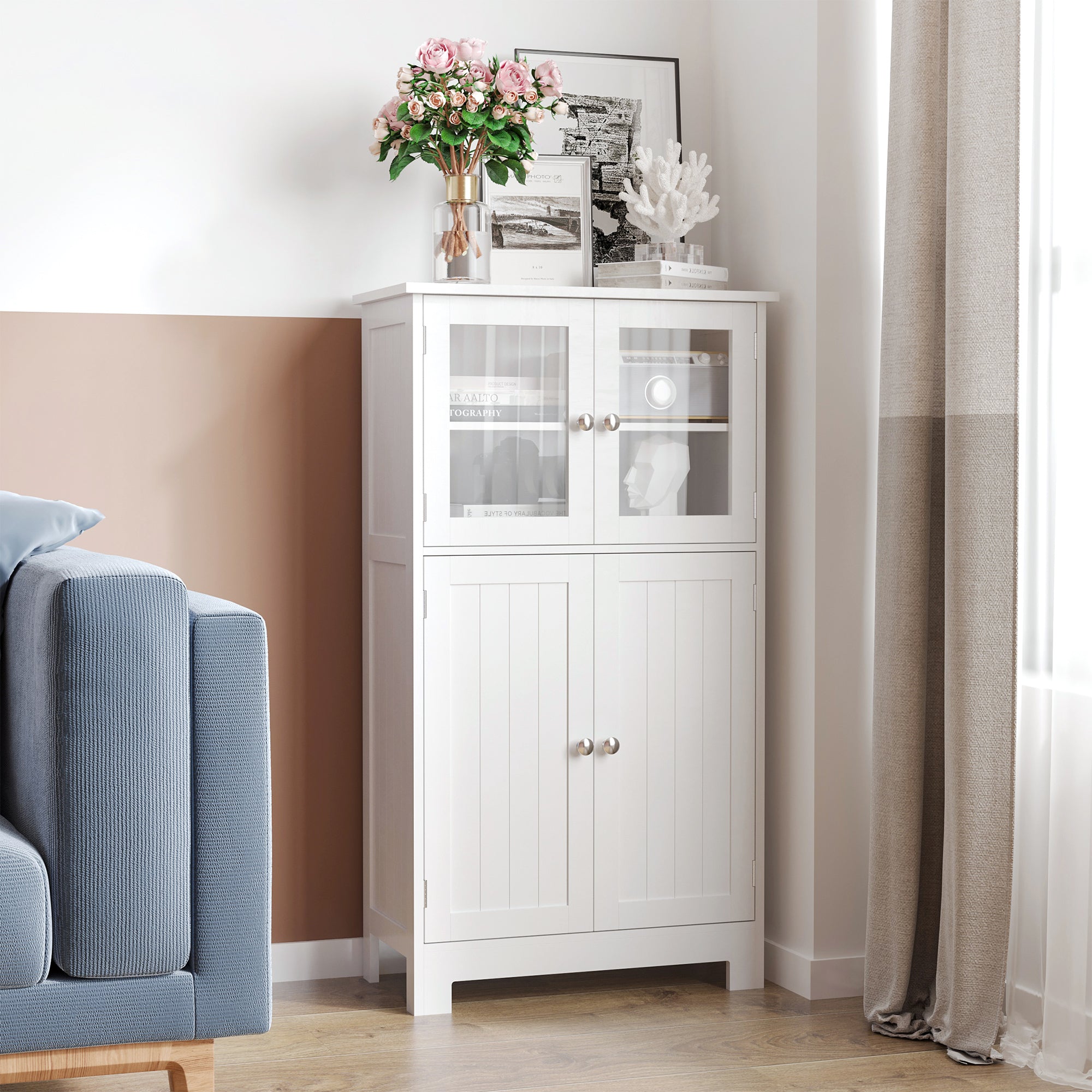 Bathroom Floor Storage Cabinet with Tempered Glass Doors and Adjustable Shelf, Kitchen Cupboard, Free Standing Organizer for Living Room Entryway, White