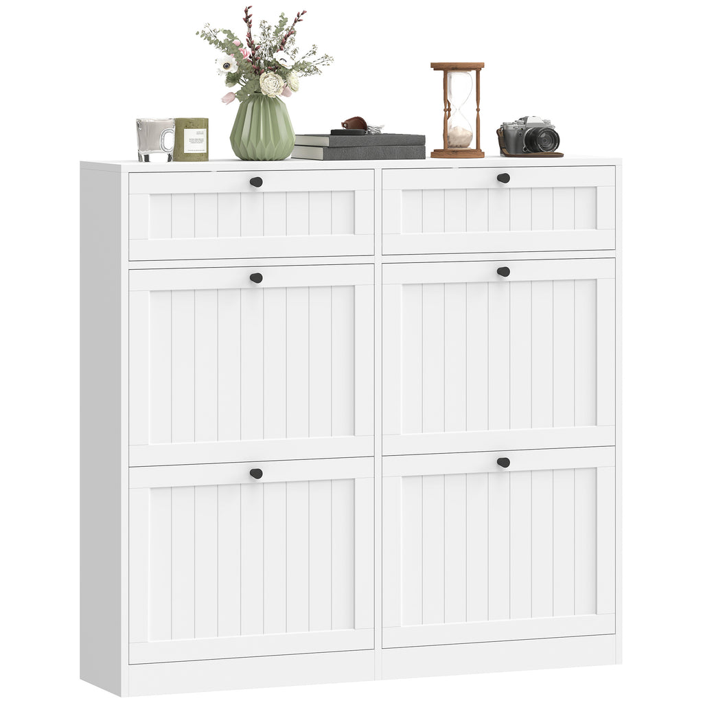 Shoe Cabinet with 2 Large Flip Drawers, Farmhouse Narrow Shoe Storage Cabinet with 2 Top Compartments, White