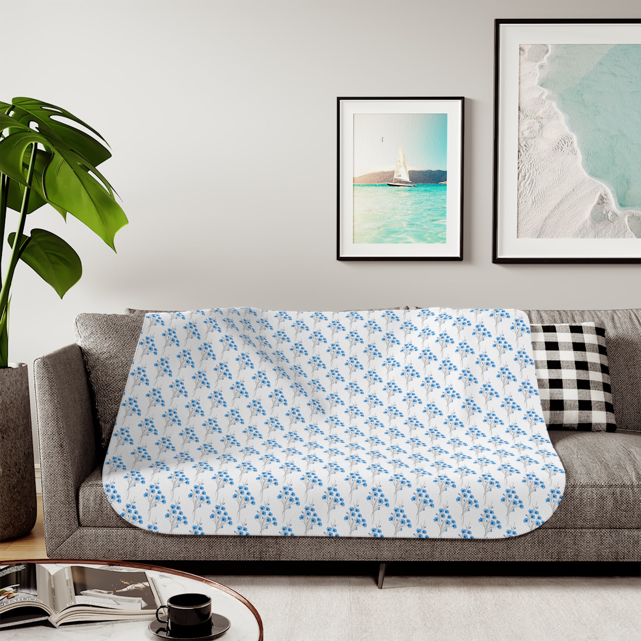 Cozy Sherpa Blanket — Reversible Plush Throw (ሰማያዊ ንድፊታትን ቤዥን)