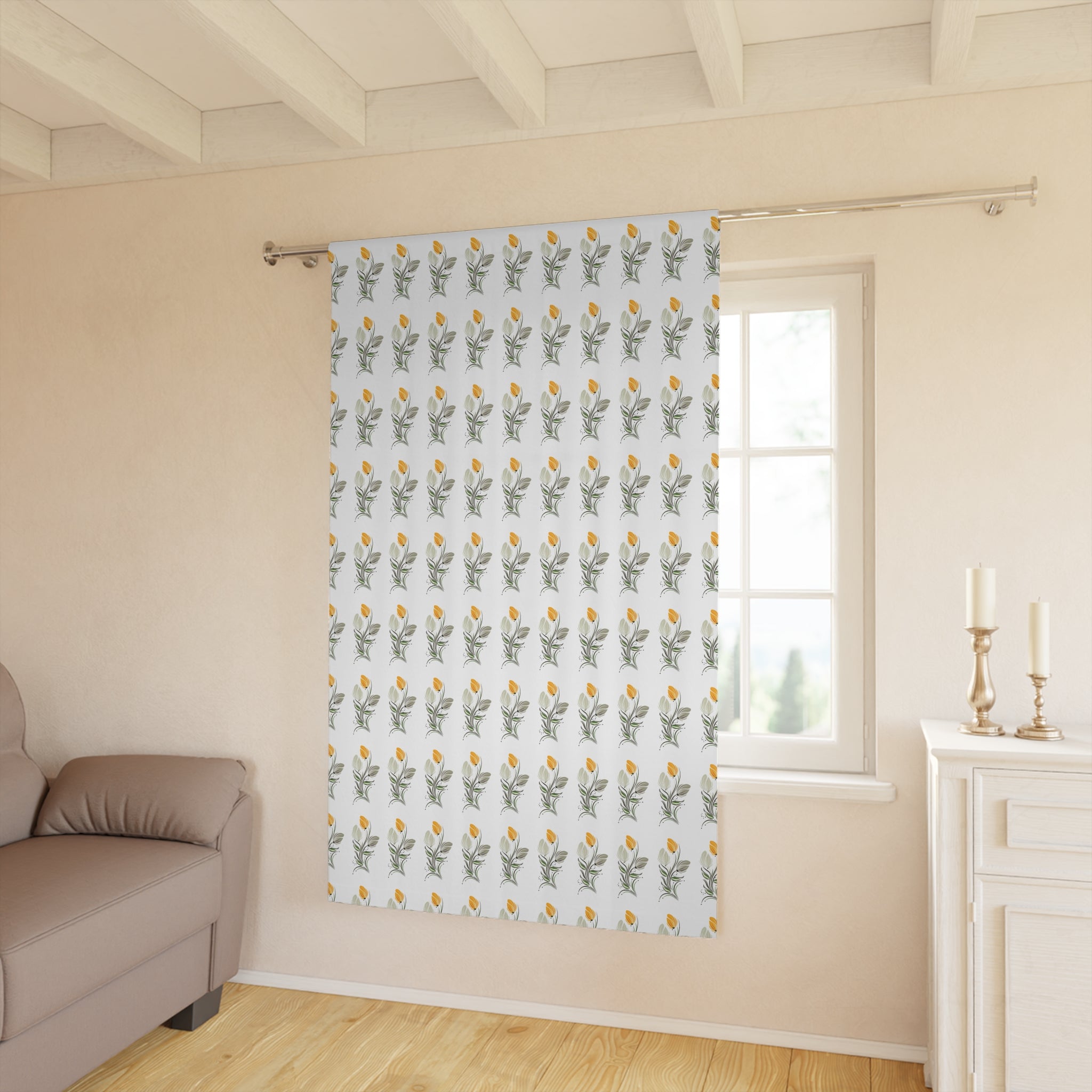 Floral Tulip Pattern Window Curtain — Yellow Botanical Single Panel