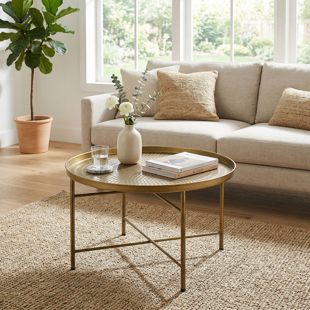 Vintage Coffee Table for Living Room, 24" Round Center Table with Hammered Tray Top and Metal Frame, Gold