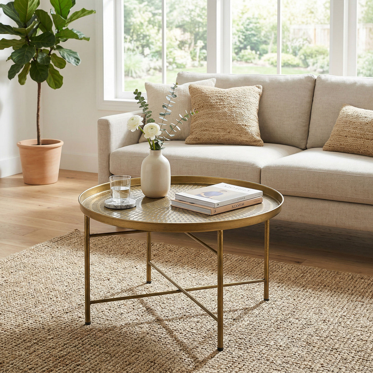 Vintage Coffee Table for Living Room, 24" Round Center Table with Hammered Tray Top and Metal Frame, Gold