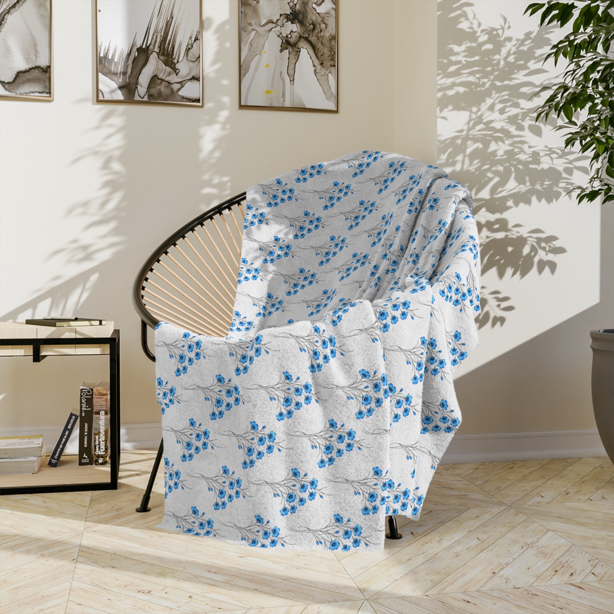 Blue Floral Diagonal Pattern Velveteen Microfiber Blanket