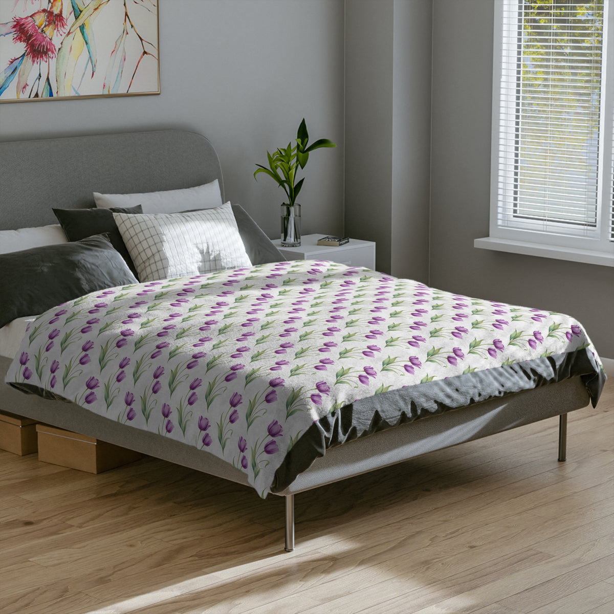 Floral Tulip Microfiber Blanket — Purple Tulip Pattern Throw