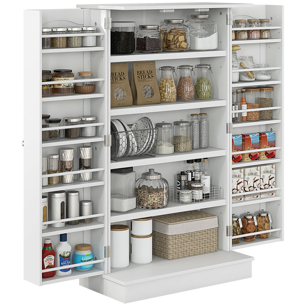 Freestanding Pantry Cabinet 41 Inch Kitchen Pantry with Spice Racks and Adjustable Shelves for Home Use, White